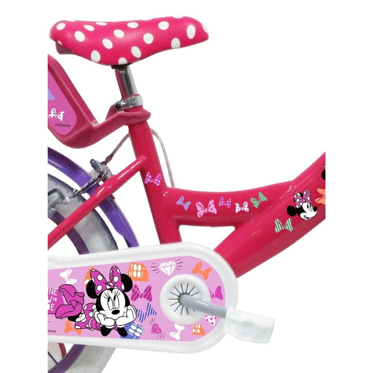 Disney Minnie Vélo enfant - Modèle 14'' Minnie + Casque pour enfant de 95/110 cm avec stabilisateurs - Panier avant - Porte poupée arrière - 2 freins et pneus gonflables