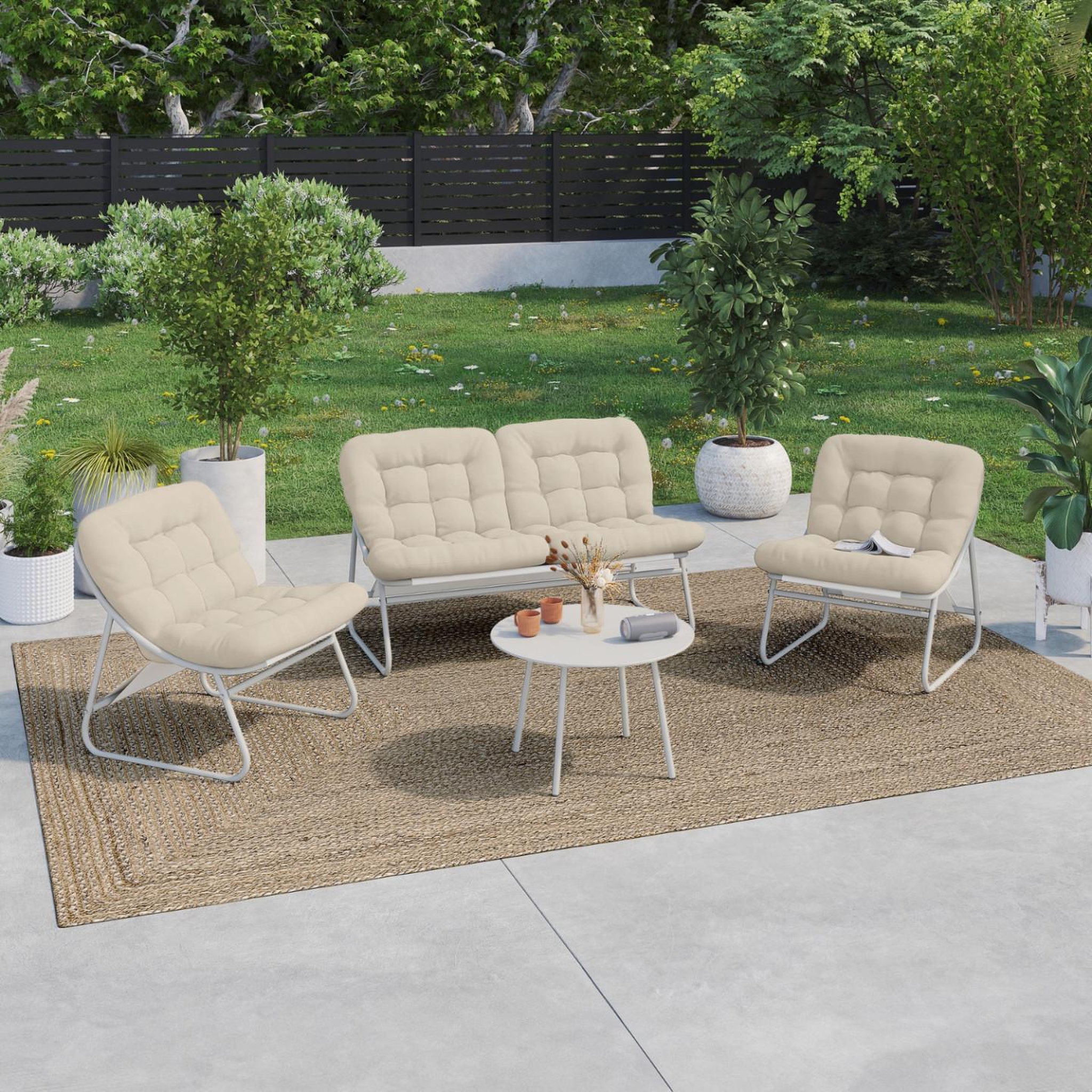 Voir la diapositive 2 : ID MARKET Salon de jardin bas arona 4 places en acier blanc et coussins beiges avec canapé, fauteuils et table