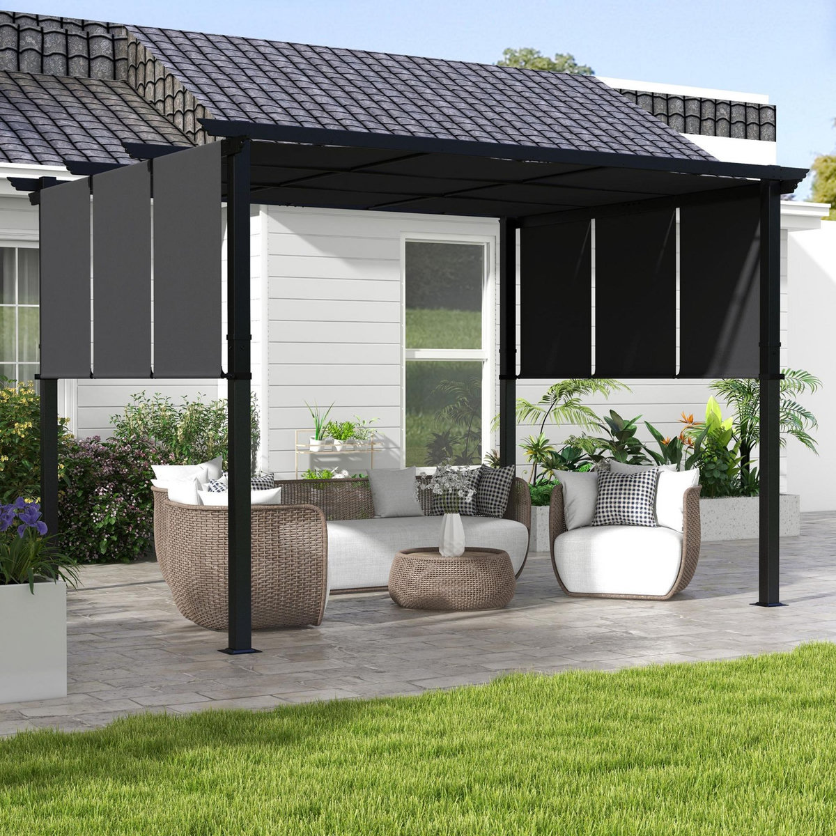 OUTSUNNY Pergola 3 toiles coulissantes - dim. 3,57L x 2,96l x 2,35H m - acier époxy noir polyester haute densité anthracite