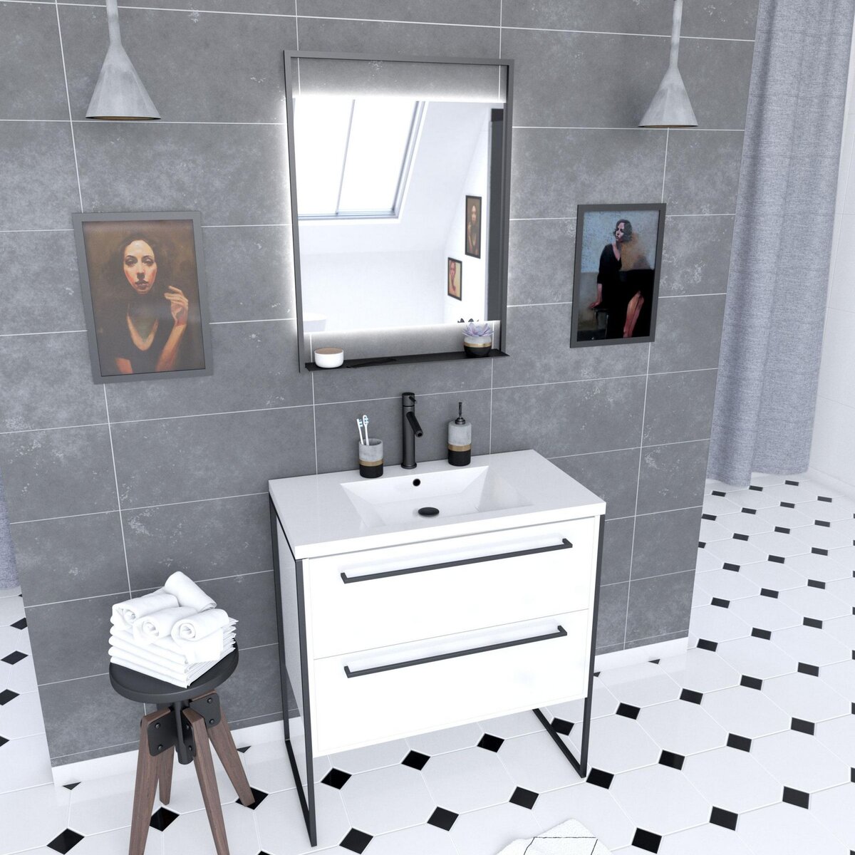 Aurlane Pack meuble de salle de bain 80x50cm Blanc - 2 tiroirs - vasque blanche et miroir noir mat