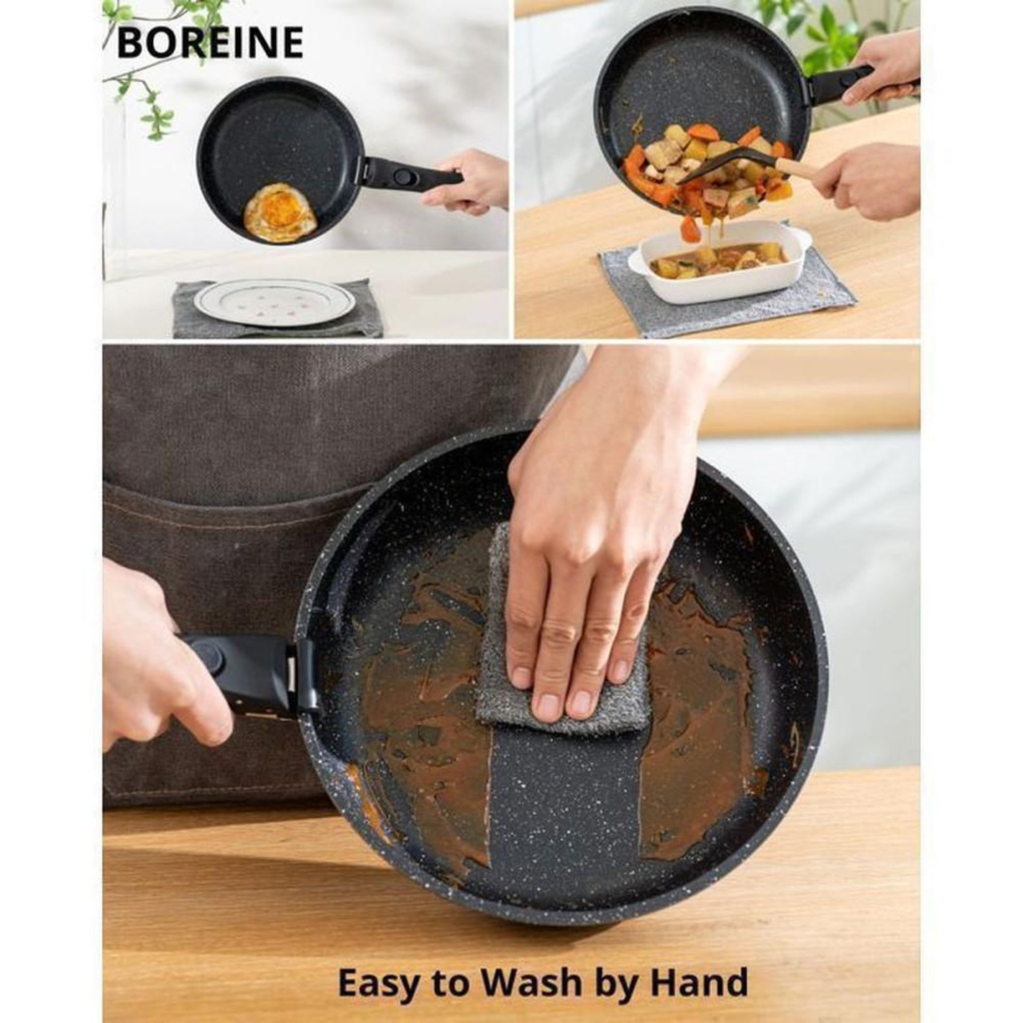 Voir la diapositive 5 : Coffret batterie de cuisine 14 pièces effet pierre noir, revêtement antiadhésif, poignées amovibles, couvercles silicone et conservation, compatible induction et four jusqu'à 250°C