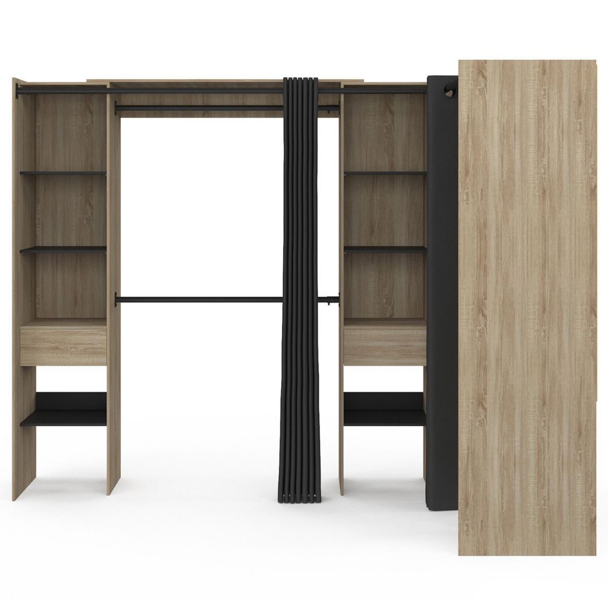 ID MARKET Dressing extensible d'angle MARLON 230 x 140 x 180 cm cm hêtre avec penderies + étagères + rideaux noirs