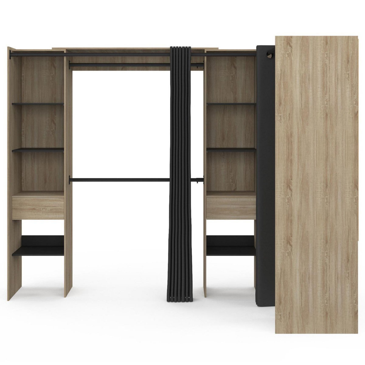 ID MARKET Dressing extensible d'angle MARLON 230 x 140 x 180 cm cm hêtre avec penderies + étagères + rideaux noirs