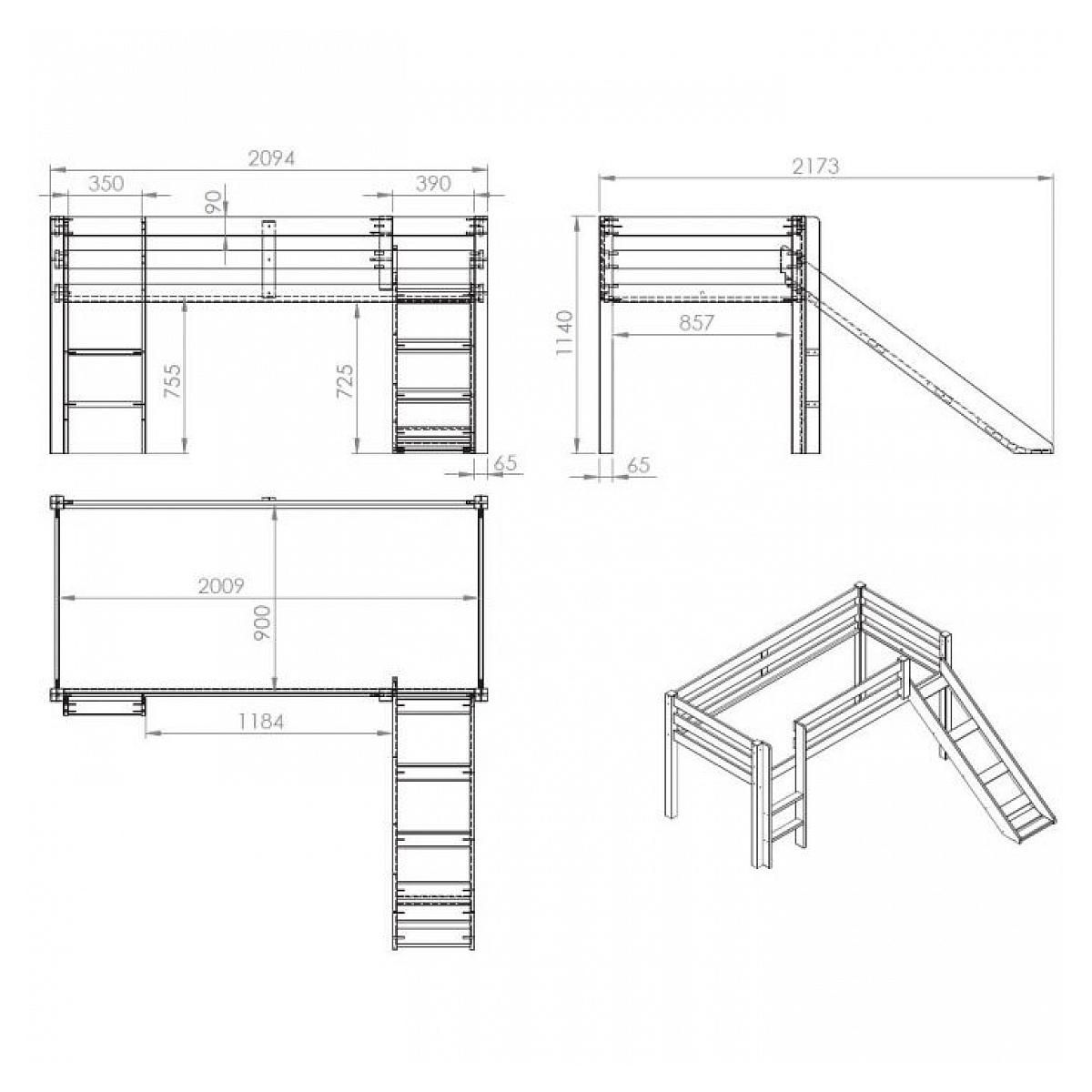 Paris Prix Lit Enfant Surélevé Avec Toboggan  Pino Dino  90x200cm Naturel