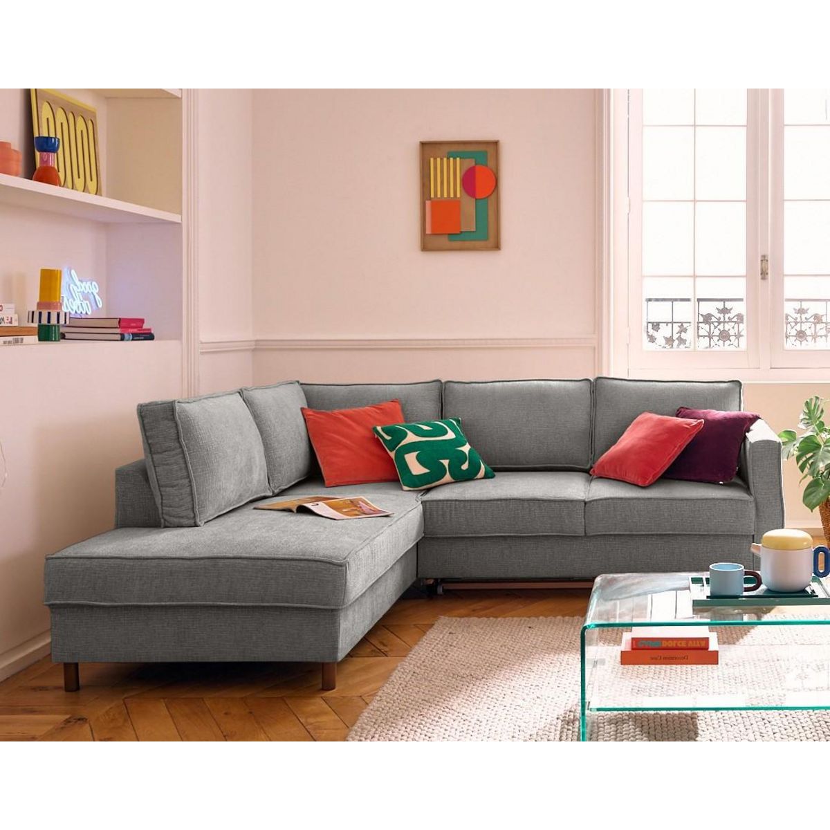 LISA DESIGN Jake - canapé d'angle gauche 5 places convertible en tissu velours relief