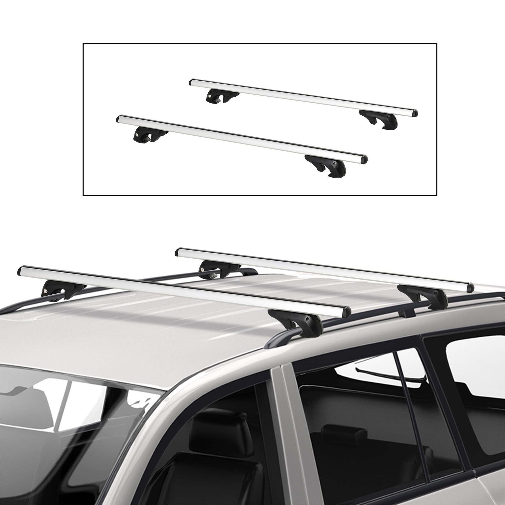 Voir la diapositive 2 : HOMCOM Barres de toit de voiture verrouillables 2 clés fournies dim. 135L x 5,5l x 7H cm aluminium noir