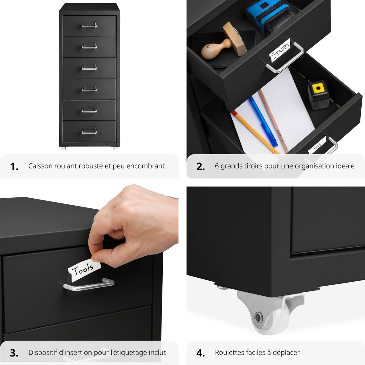 tectake Caisson de bureau à roulettes en métal en acier noir