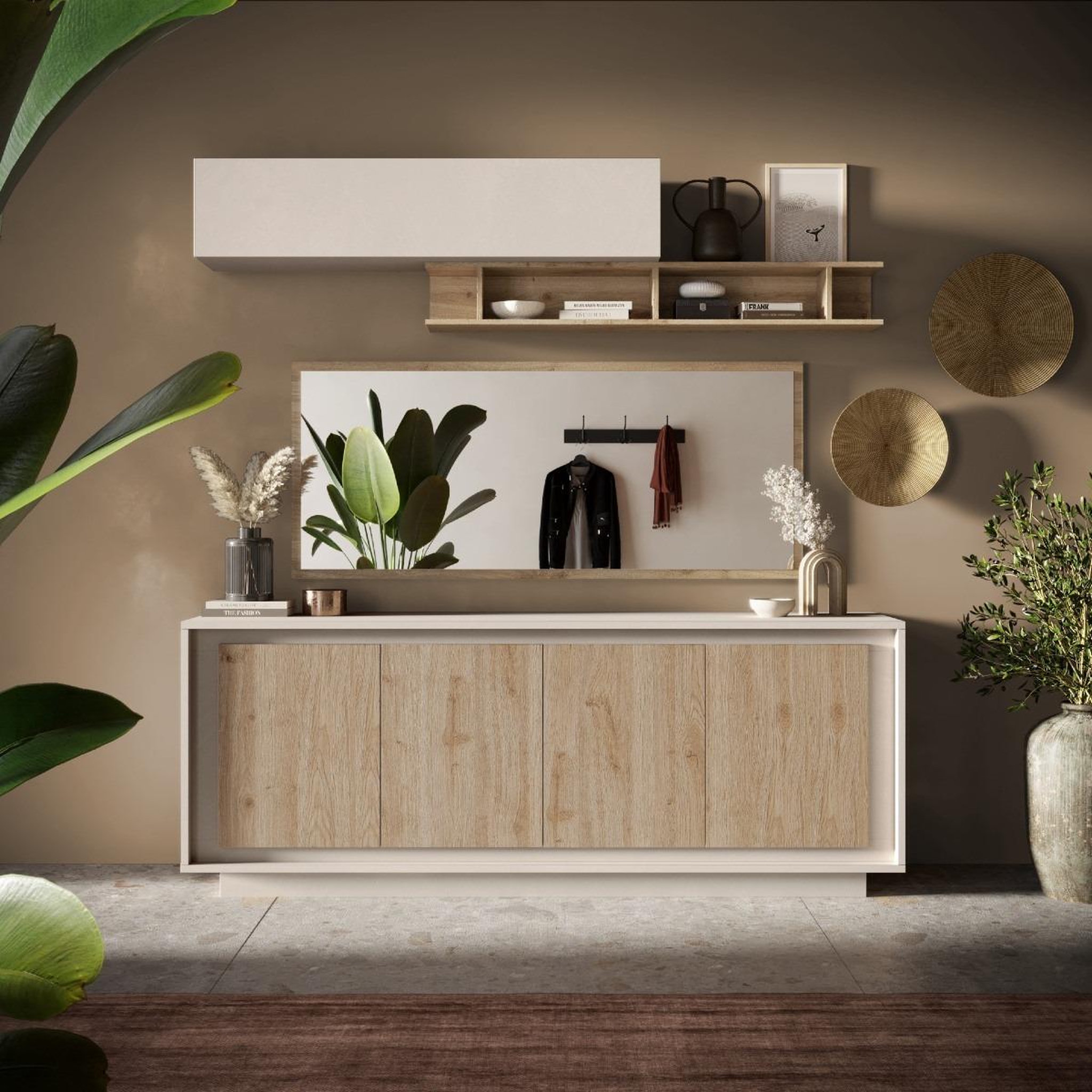 Voir la diapositive 2 : JLC KREATION Buffet bas contemporain 4 portes beige et bois naturel yori