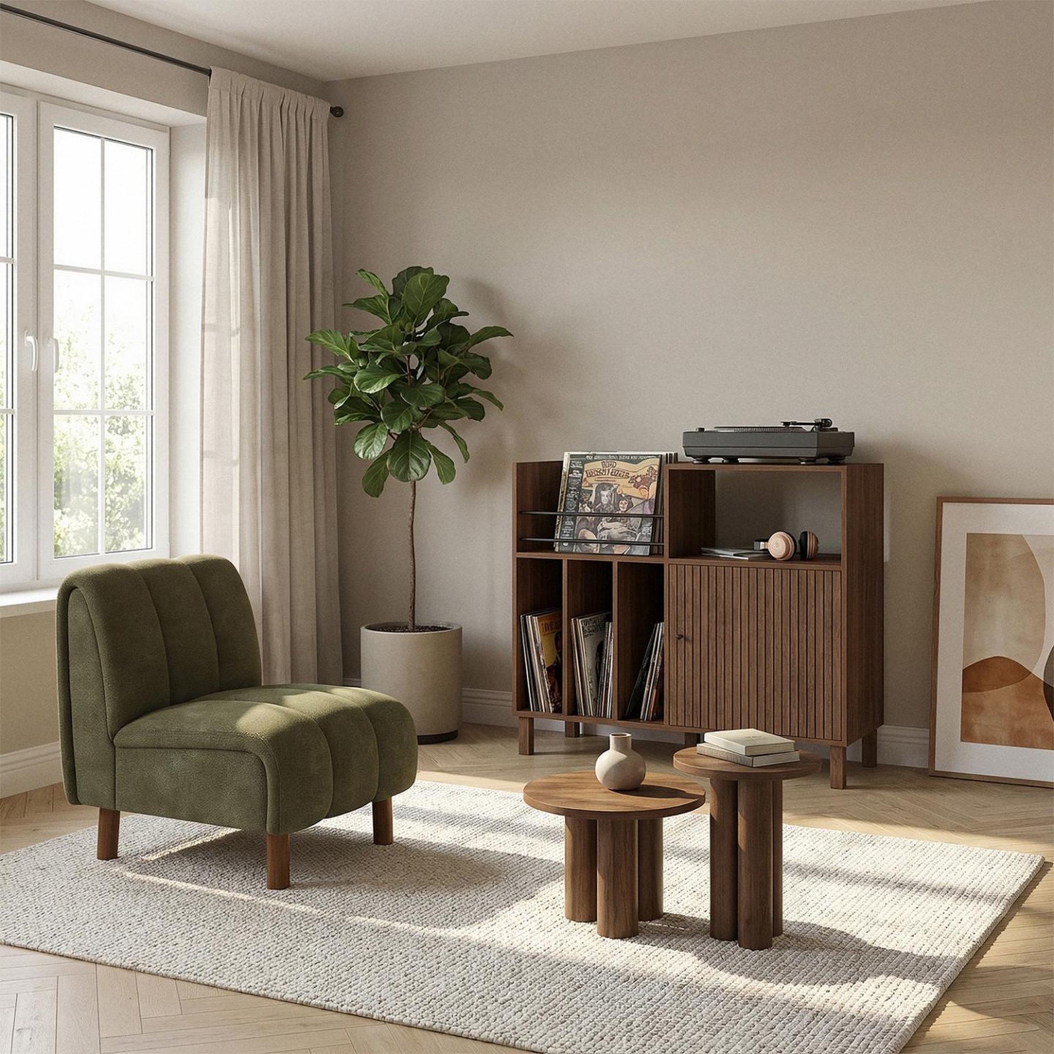 Voir la diapositive 6 : ID MARKET Meuble d'appoint, buffet de rangement avec étagères, supports vinyles, platine et placard 90 cm JULIETTE lattes bois effet noyer