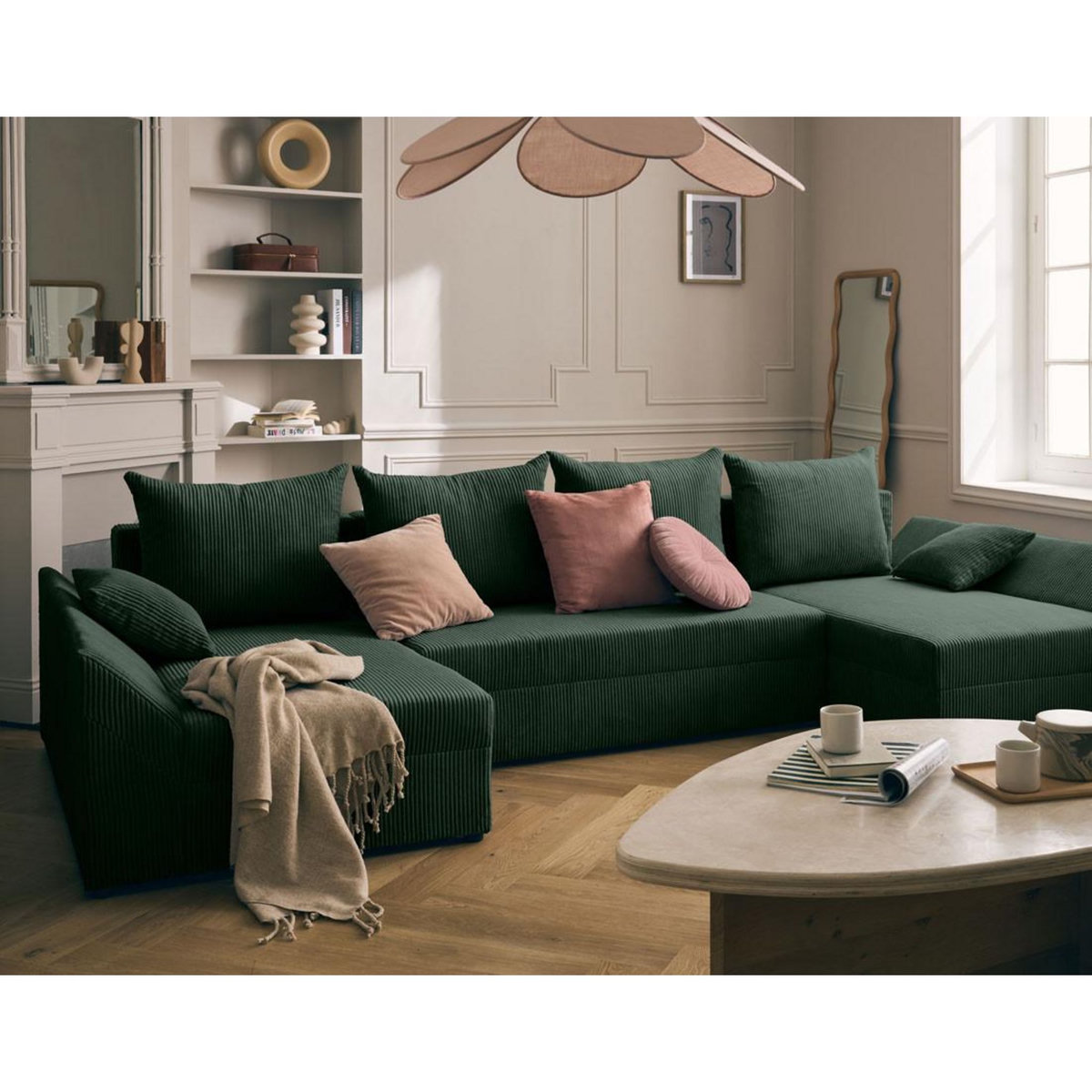 BEST MOBILIER Mike - canapé panoramique en u - 7 places - convertible avec coffre - en velours côtelé