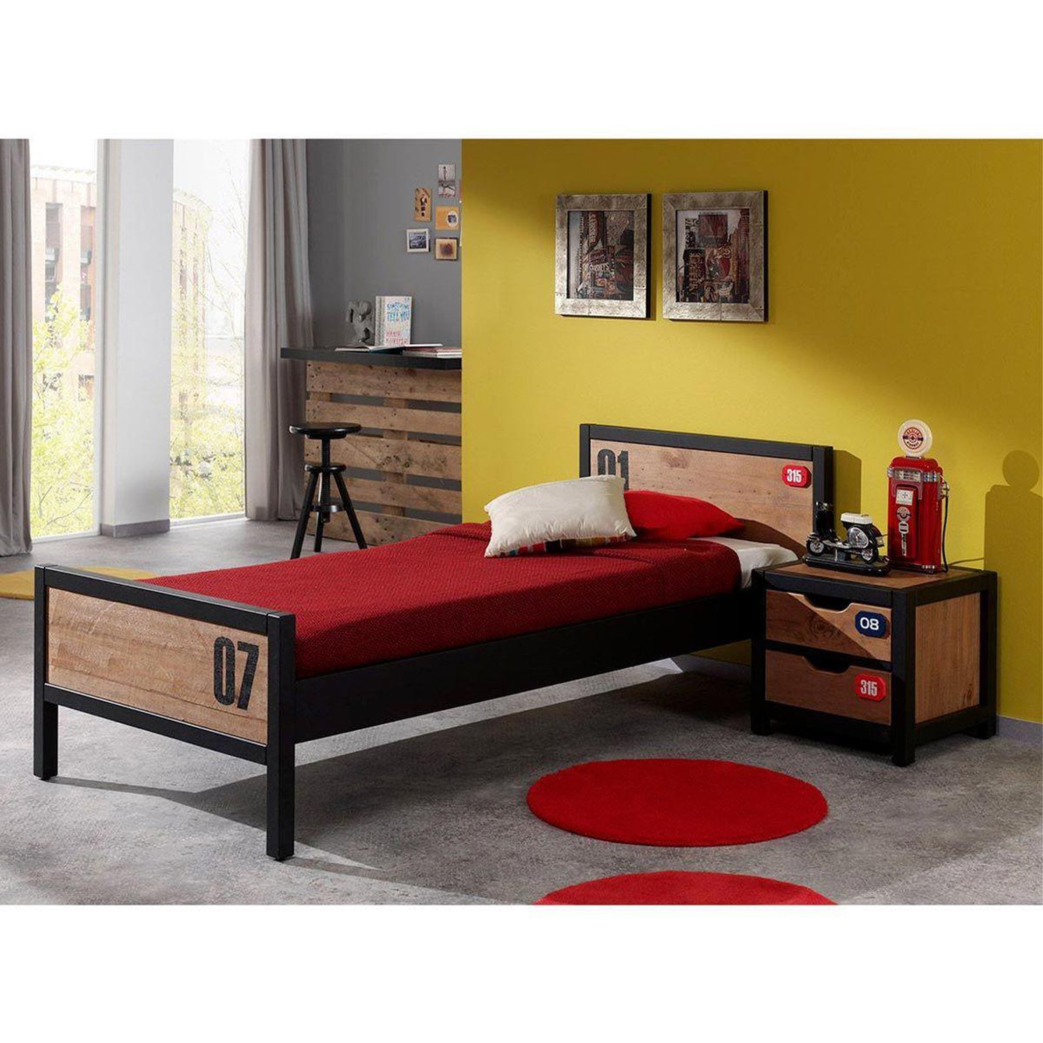 Paris Prix Pack - Lit Enfant, Sommier & Chevet  Alex  90x200cm Marron & Noir