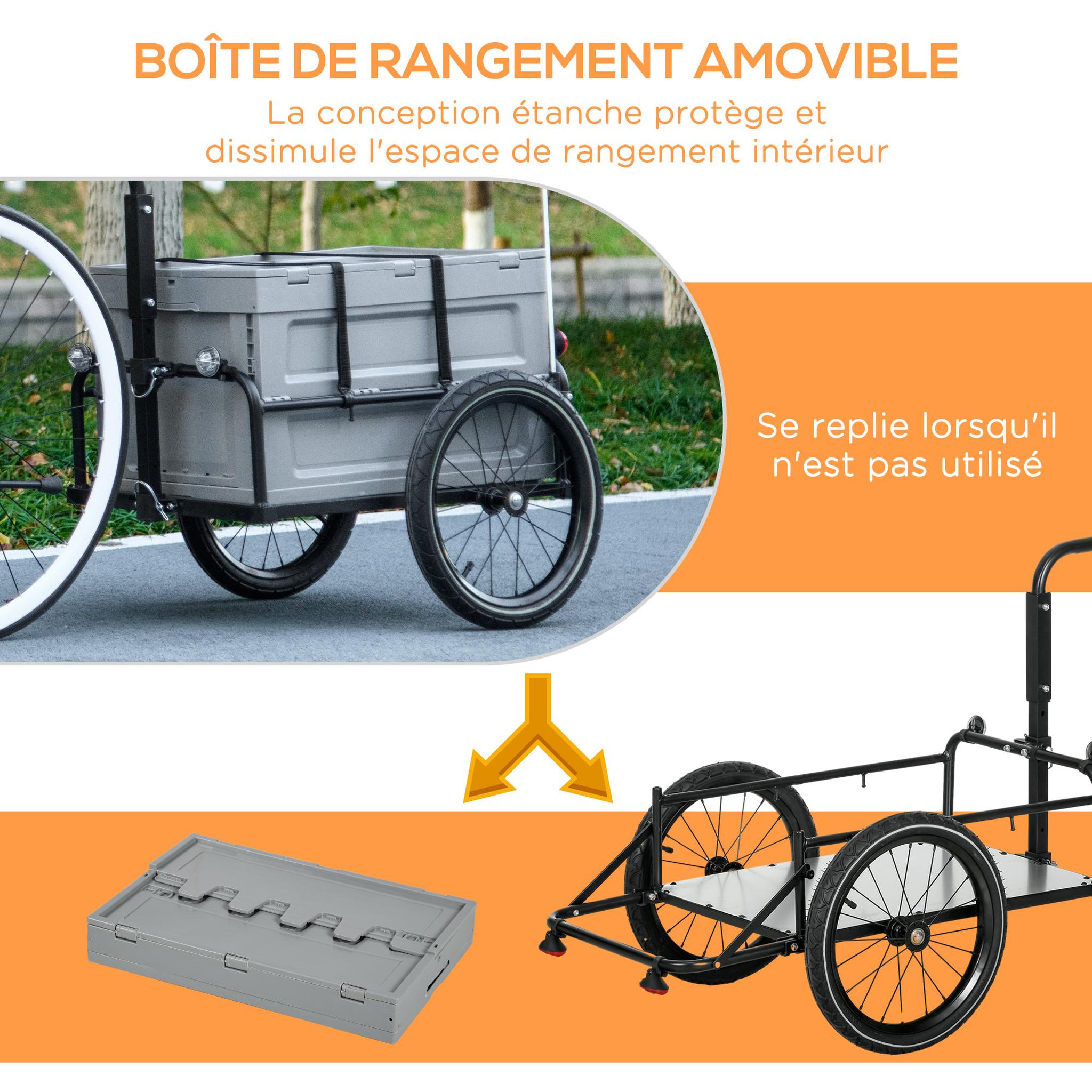 Voir la diapositive 3 : HOMCOM Remorque chariot à vélo avec coffre de rangement amovible pliable 65l
