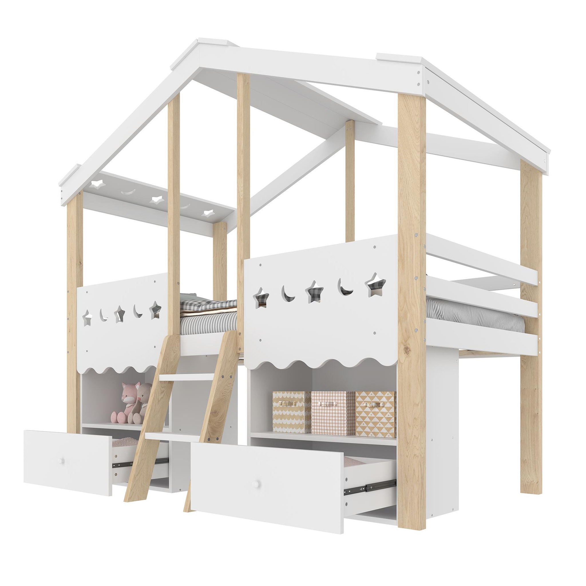 MERAX Lit enfant mi hauteur 90x200cm coloris naturel+blanc led bois massif