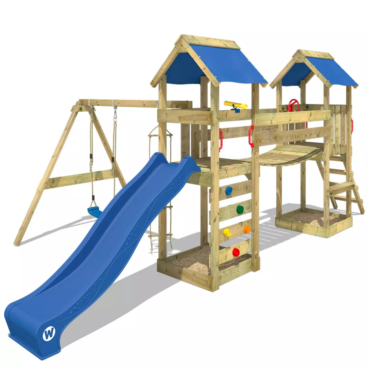 WICKEY Aire de jeux Portique bois SunFlyer avec balançoire et toboggan bleu Maison enfant extérieure