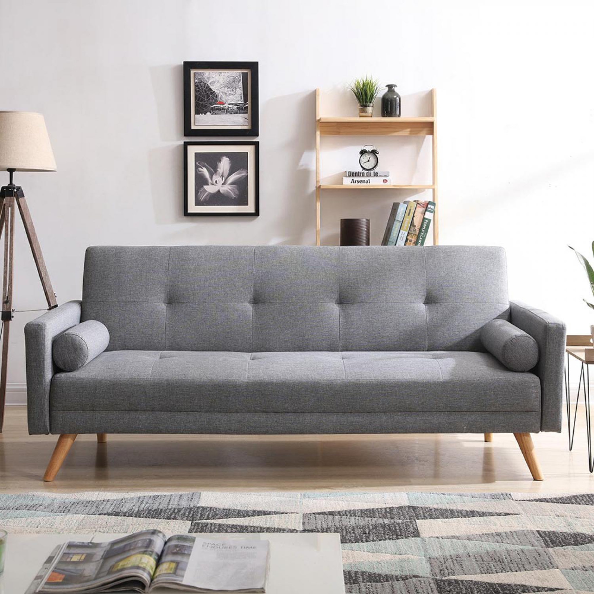 Voir la diapositive 2 : CONCEPT USINE Canapé convertible 3 places en tissu gris  WOODEN