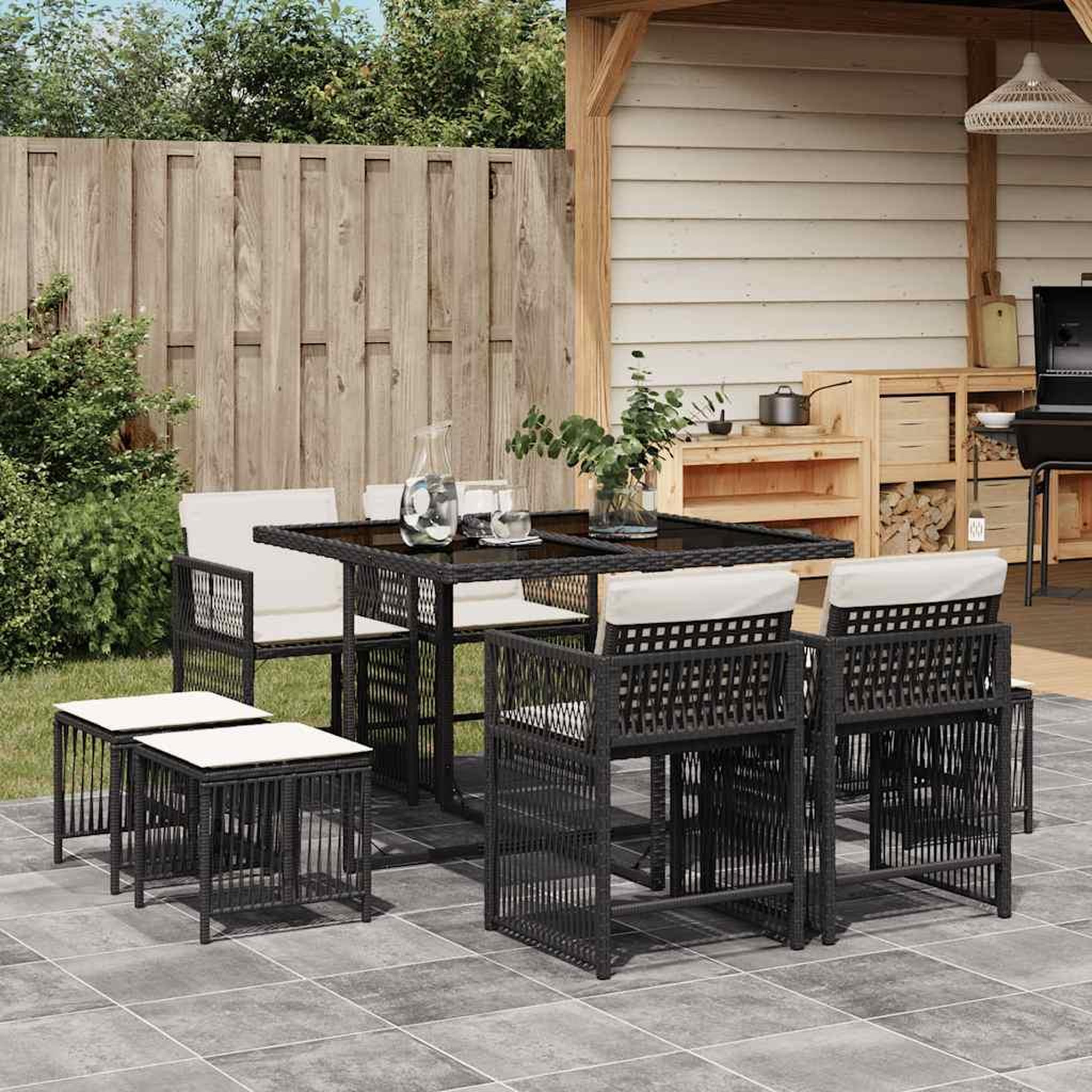 VIDAXL Ensemble a manger de jardin 9pcs coussins noir resine tressee