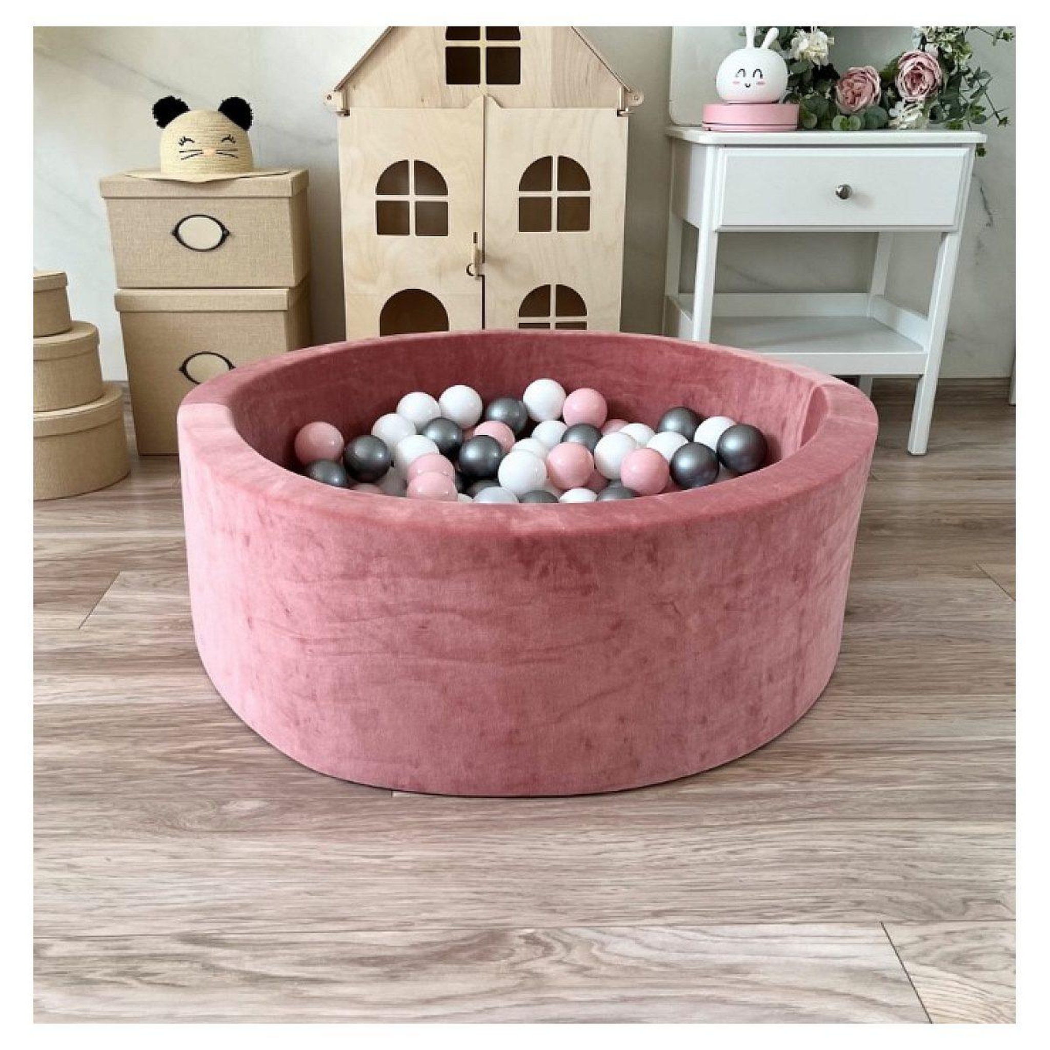 Voir la diapositive 2 : MONIO FOR KIDS Piscine à balles en velours 90 cm rose + 200 balles