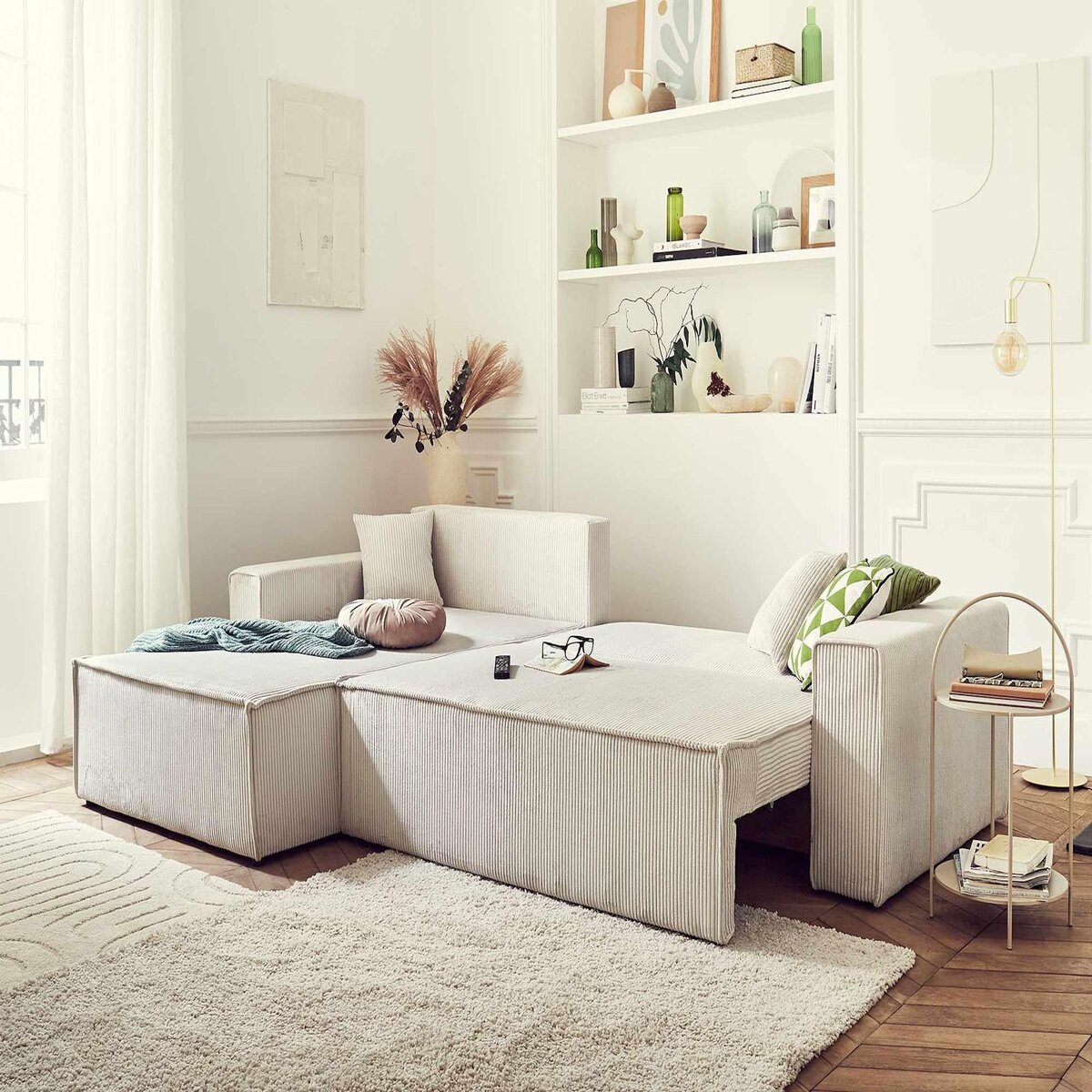 BEST MOBILIER Dellia - canapé d'angle réversible convertible - avec coffre - en velours côtelé - 4 places