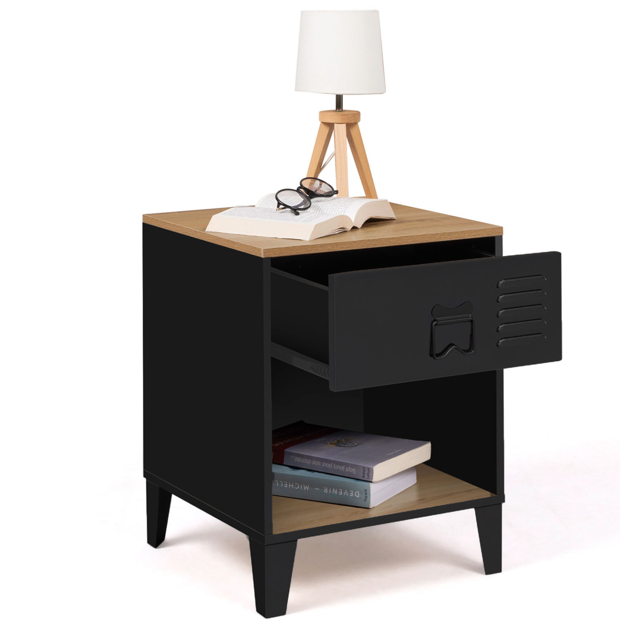 Voir la diapositive 4 : ID MARKET Lot de 2 tables de chevet ester 1 tiroir métal noir avec niche et plateau façon hêtre design industriel