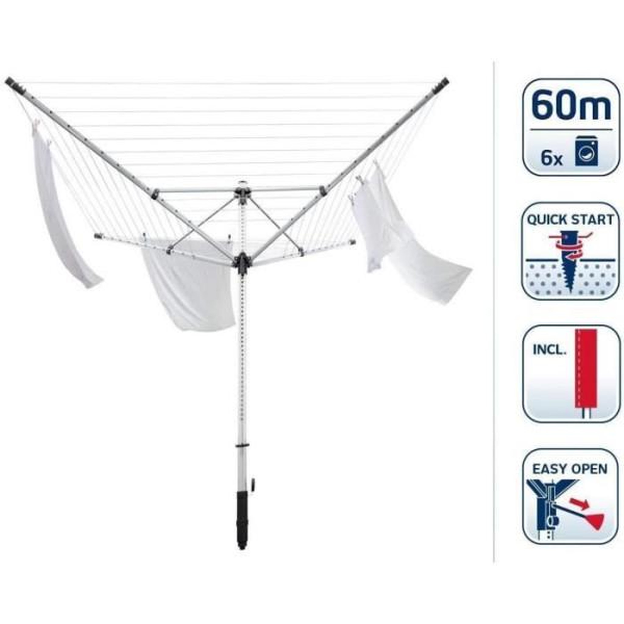 Voir la diapositive 2 : Leifheit Sèche-linge - Séchoir parapluie Leifheit LinoLift 600 QuickStart 85282, étendoir jardin avec 60m d'étendage, housse et douille de fixation,