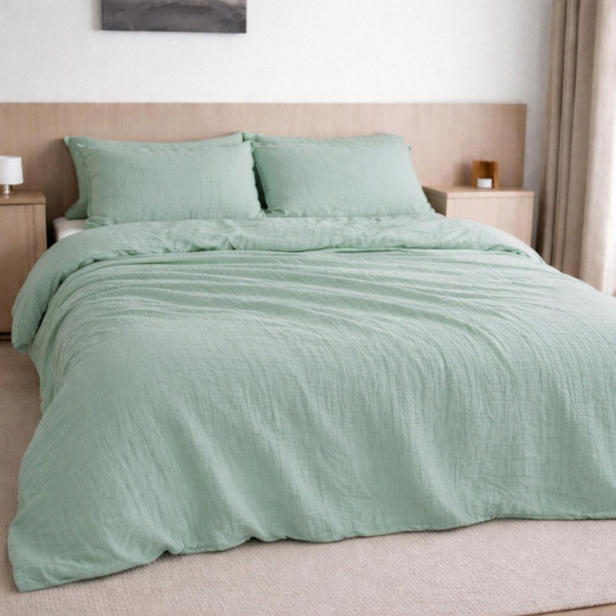 BATON ROUGE Drap housse 100% gaze de coton lavé vert givrée