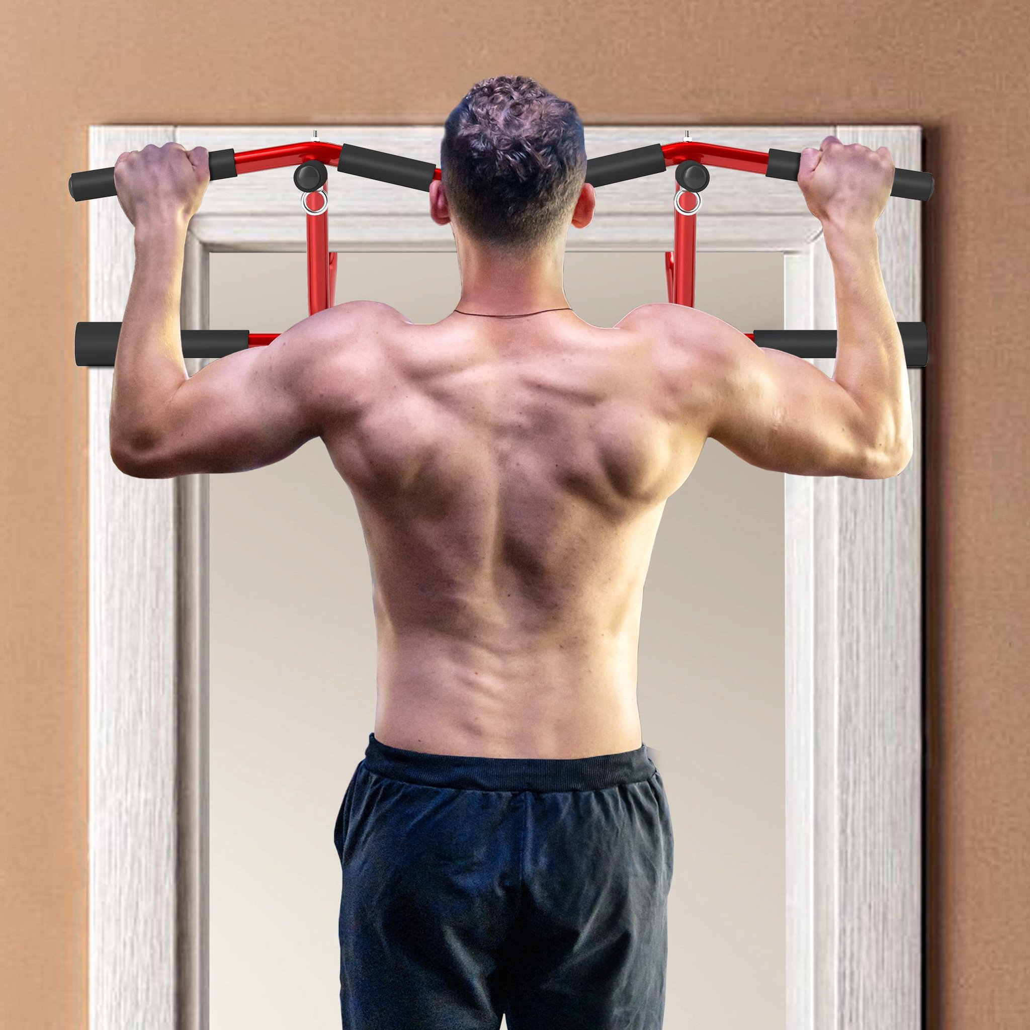 Voir la diapositive 4 : HOMCOM Barre de traction - Pull up bar 2 en 1 - acier rouge
