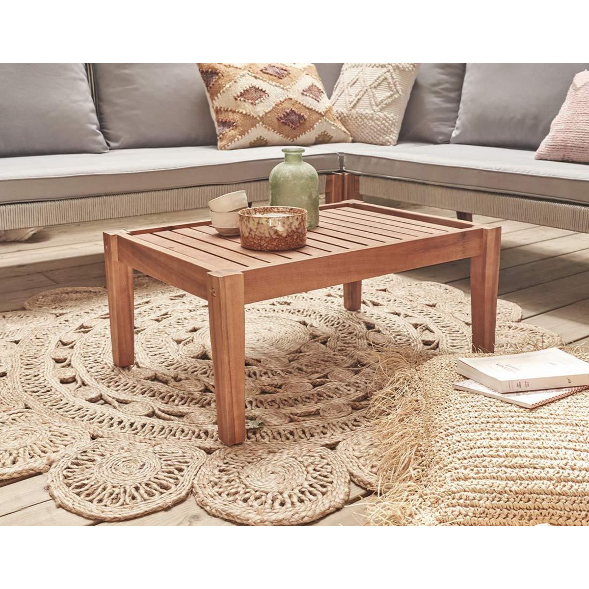 BEST MOBILIER Papua - salon bas de jardin 5 places - bois, corde et coussins gris