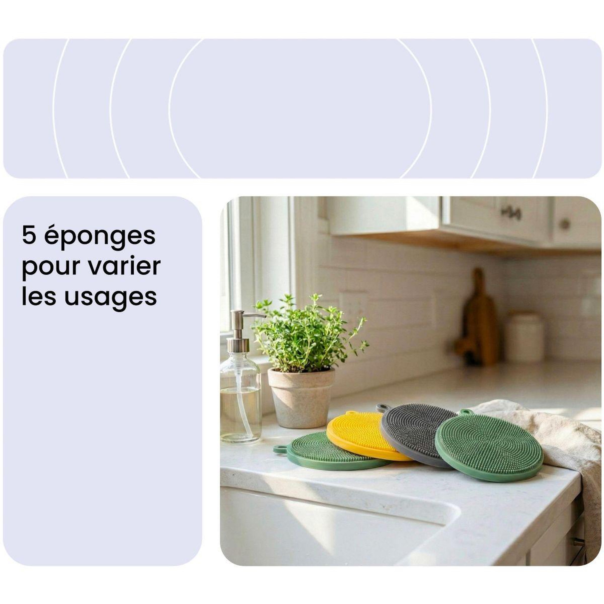 Voir la diapositive 2 : ESSENTIEL B Eponge en silicone x5 - hygiénique et réutilisable, nettoyage multi-usages, surfaces et anti-rayures