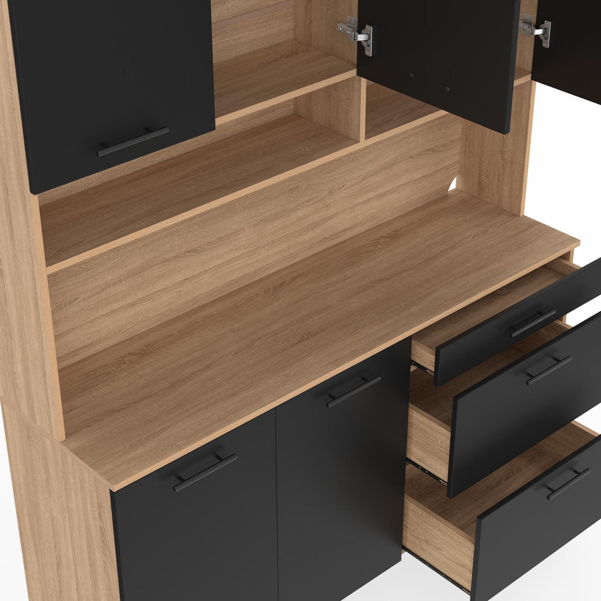 Voir la diapositive 6 : ID MARKET Buffet casserolier de cuisine 140 cm cina 5 portes + 3 tiroirs façon hêtre et noir