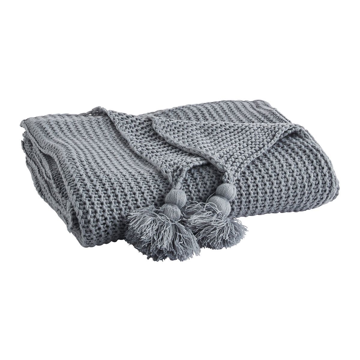 ACTUEL Plaid tricot uni en polyester finition pompons 400g/m² WINTER 