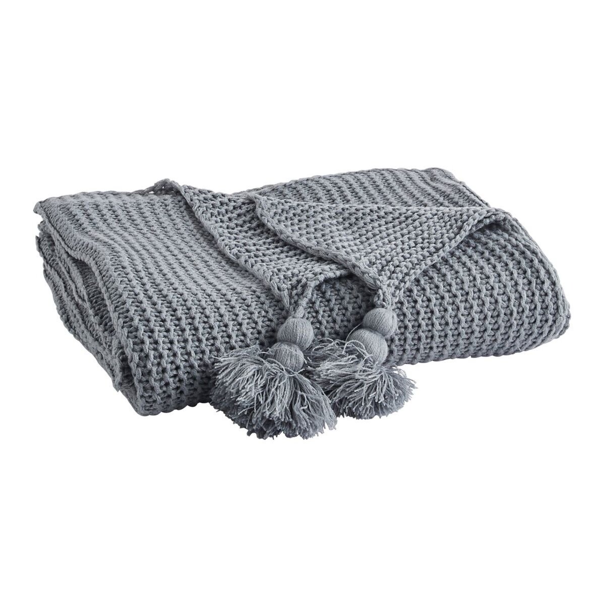 ACTUEL Plaid tricot uni en polyester finition pompons 400g/m² WINTER 