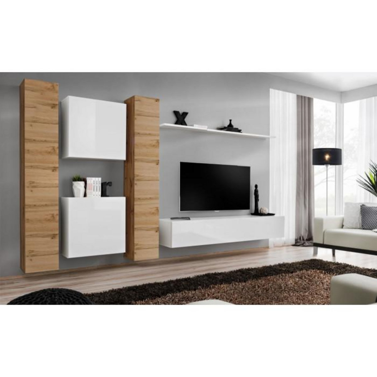 Paris Prix Meuble TV Mural Design  Switch VI  330cm Naturel & Blanc