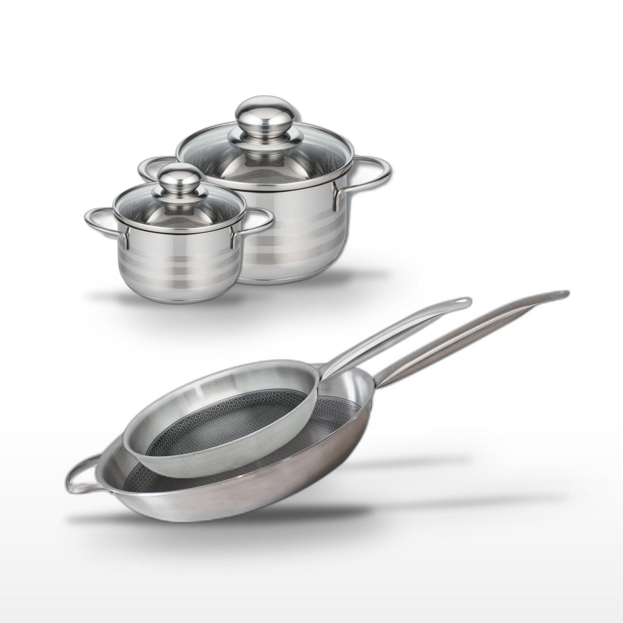 ELO Batterie de cuisine avec 2 faitouts 12/16 cm et 2 poêles de cuisson 28/32 cm en inox et sans pfas elo collection relief solution brillant