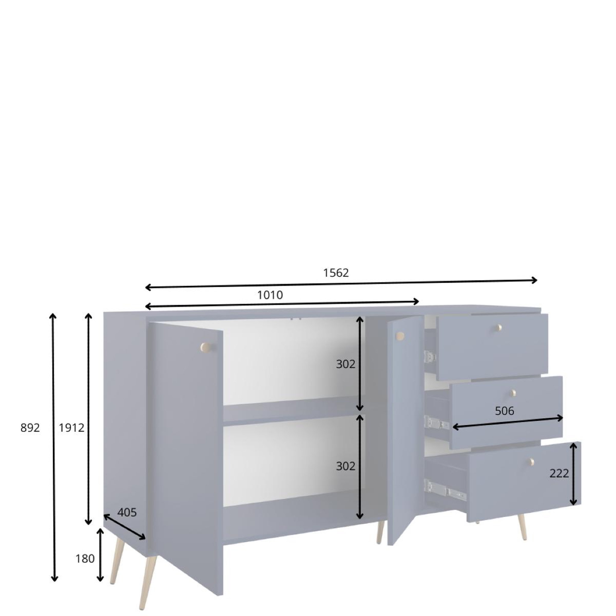 Voir la diapositive 5 : JLC KREATION Buffet bas bleu foncé et pied doré 160cm ezia