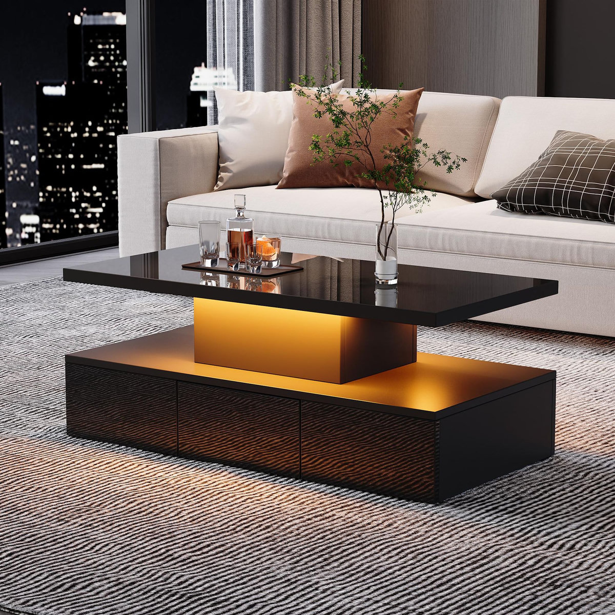 MERAX Table basse rectangulaire noir - 50x100 cm led panneaux de particules