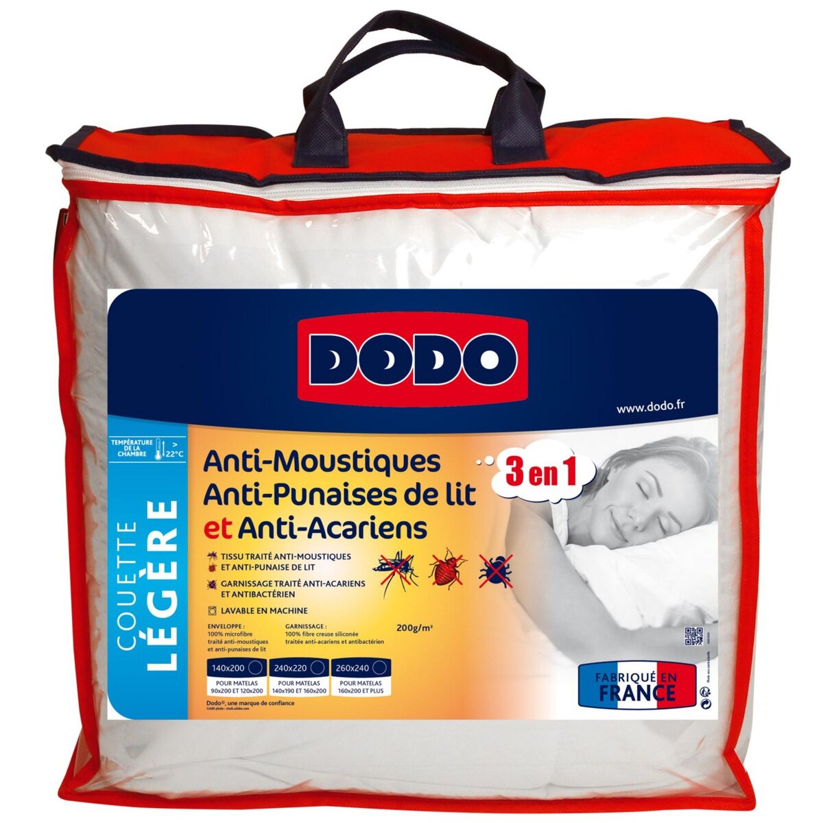 DODO Couette légère 3 en 1 anti moustiques et anti acariens 200 g/m²