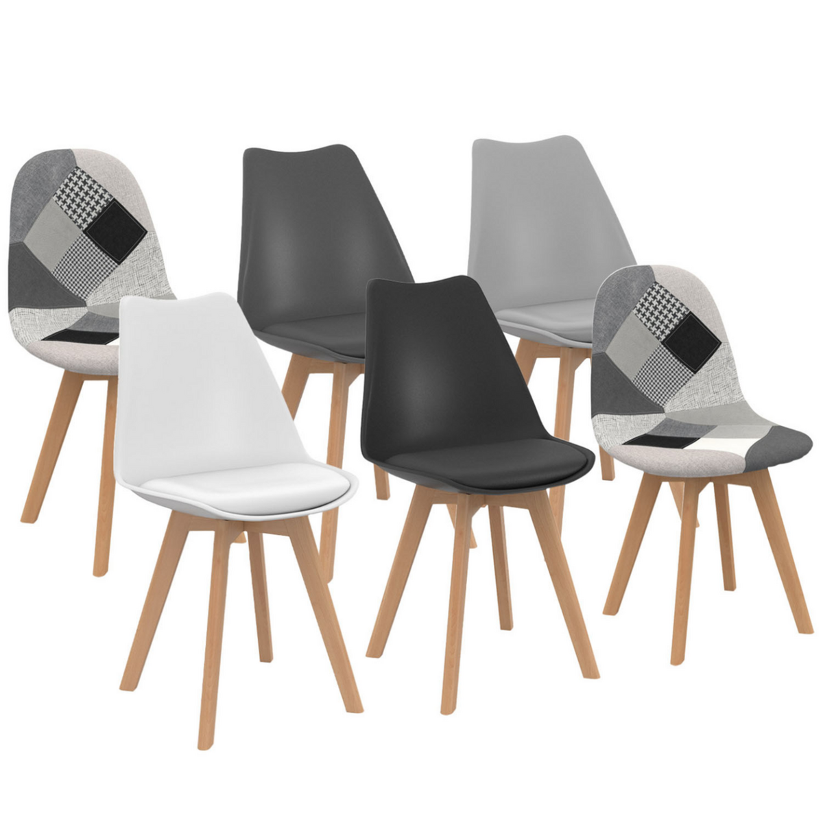 ID MARKET Lot de 6 chaises scandinaves SARA gris foncé, gris clair, blanc, noir et patchworks noirs, gris et blancs