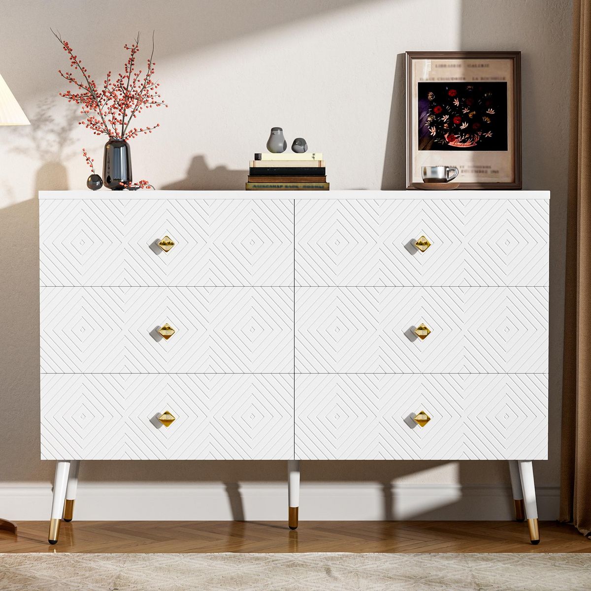 MERAX Commode 6 tiroir(s) 0 niche(s) coloris blanc largeur 120 cm panneaux de particules