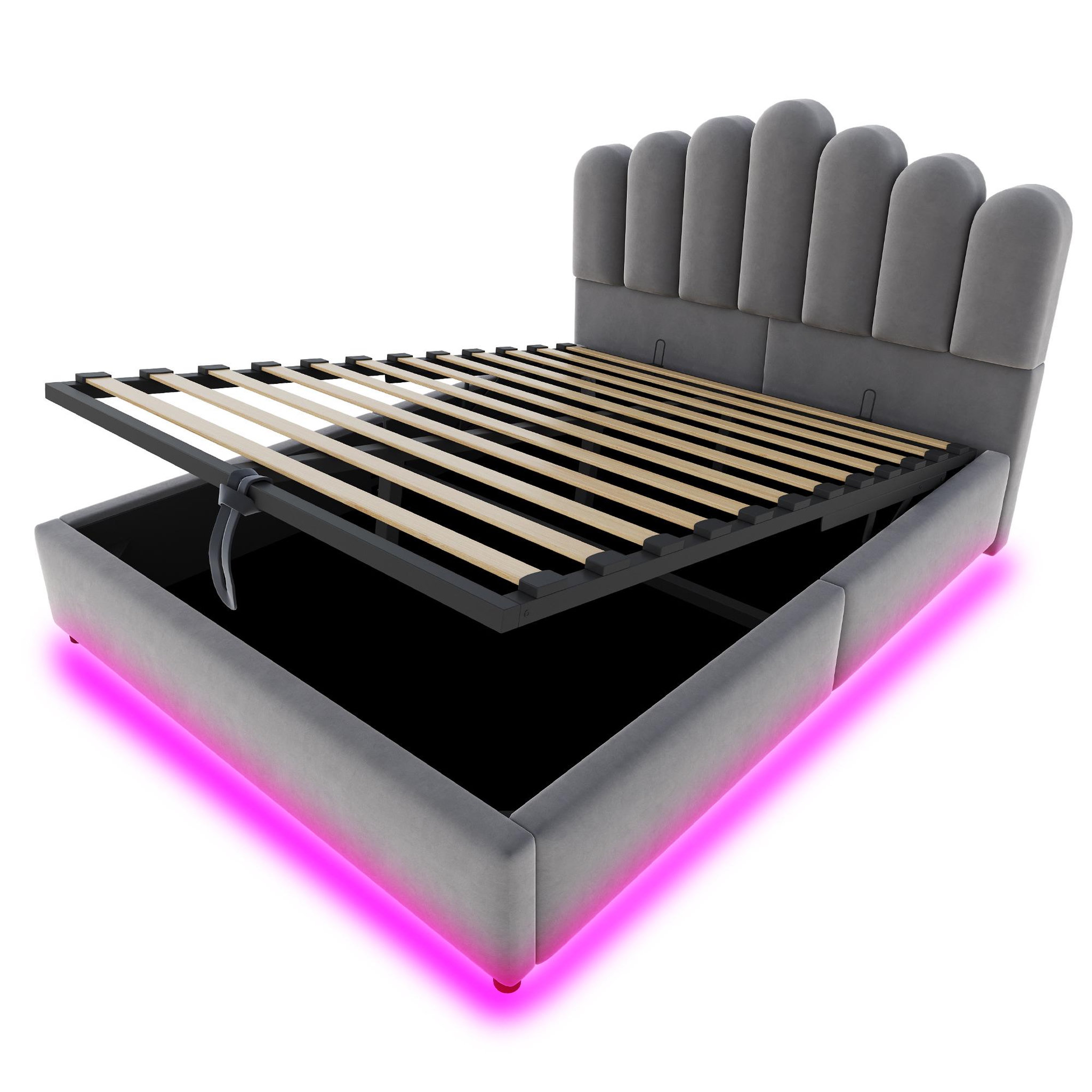 Voir la diapositive 5 : MERAX Lit coffre velours avec led, tête de lit capitonnée et sommier à lattes