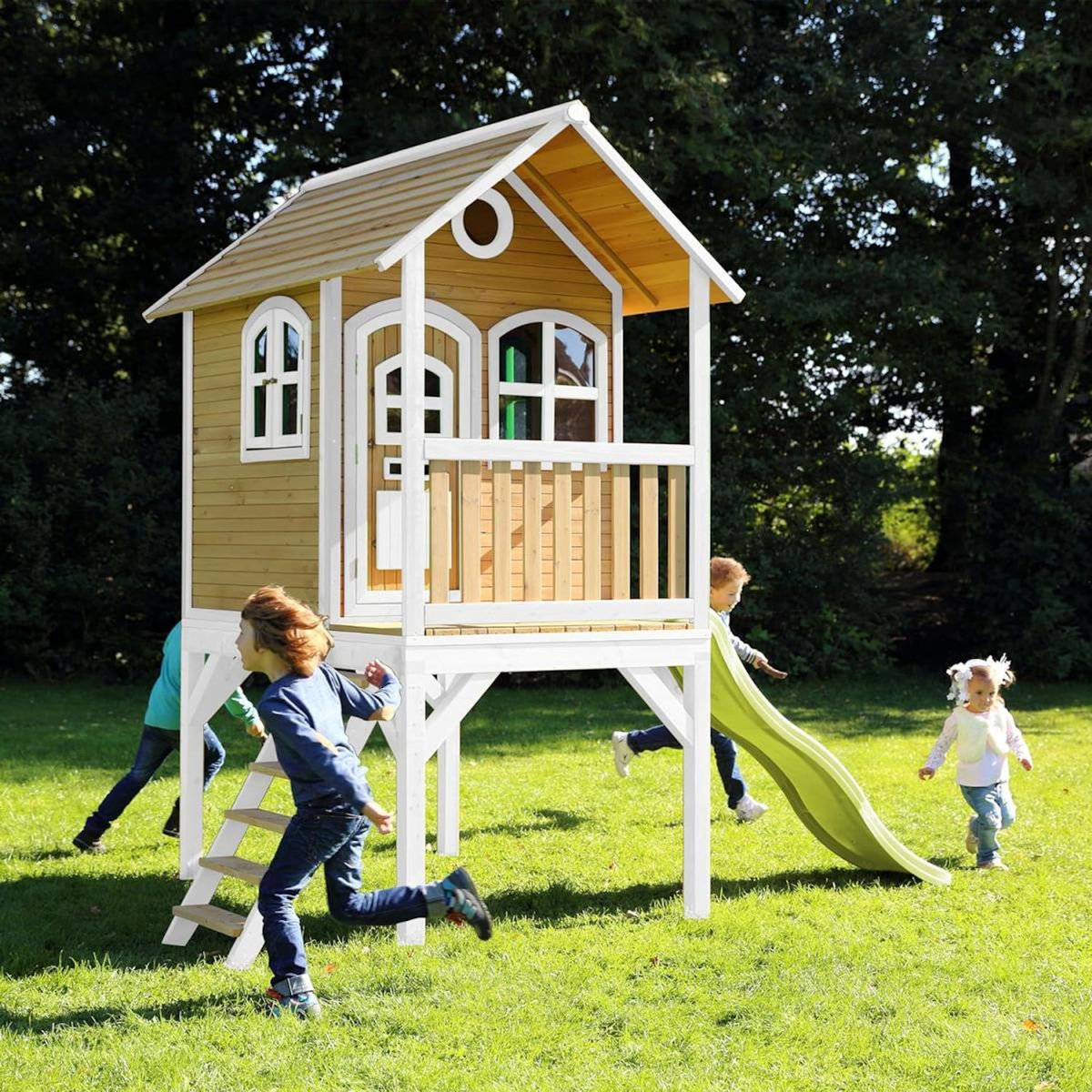 Axi House Maisonnette Laura marron-blanc toboggan vert citron