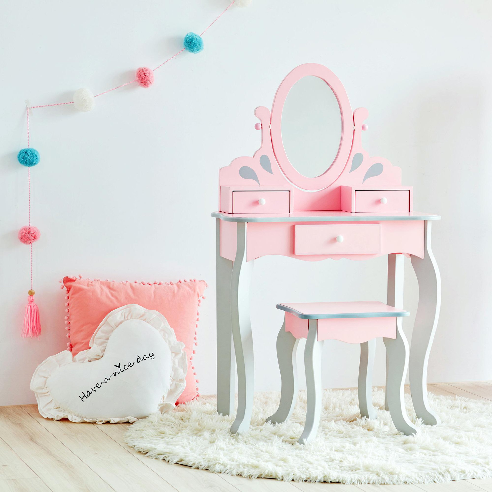 Voir la diapositive 2 : TEAMSON KIDS Coiffeuse Bois Rose et Grise avec Tabouret et Miroir Enfant