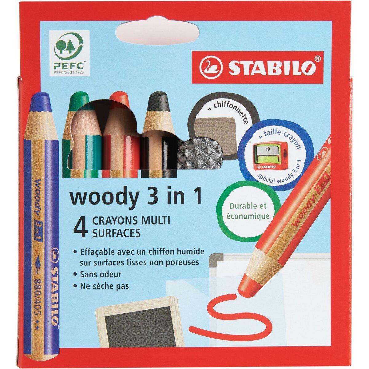 STABILO Lot de 4 Woody 3 en 1 + taille-crayon + chiffonnette
