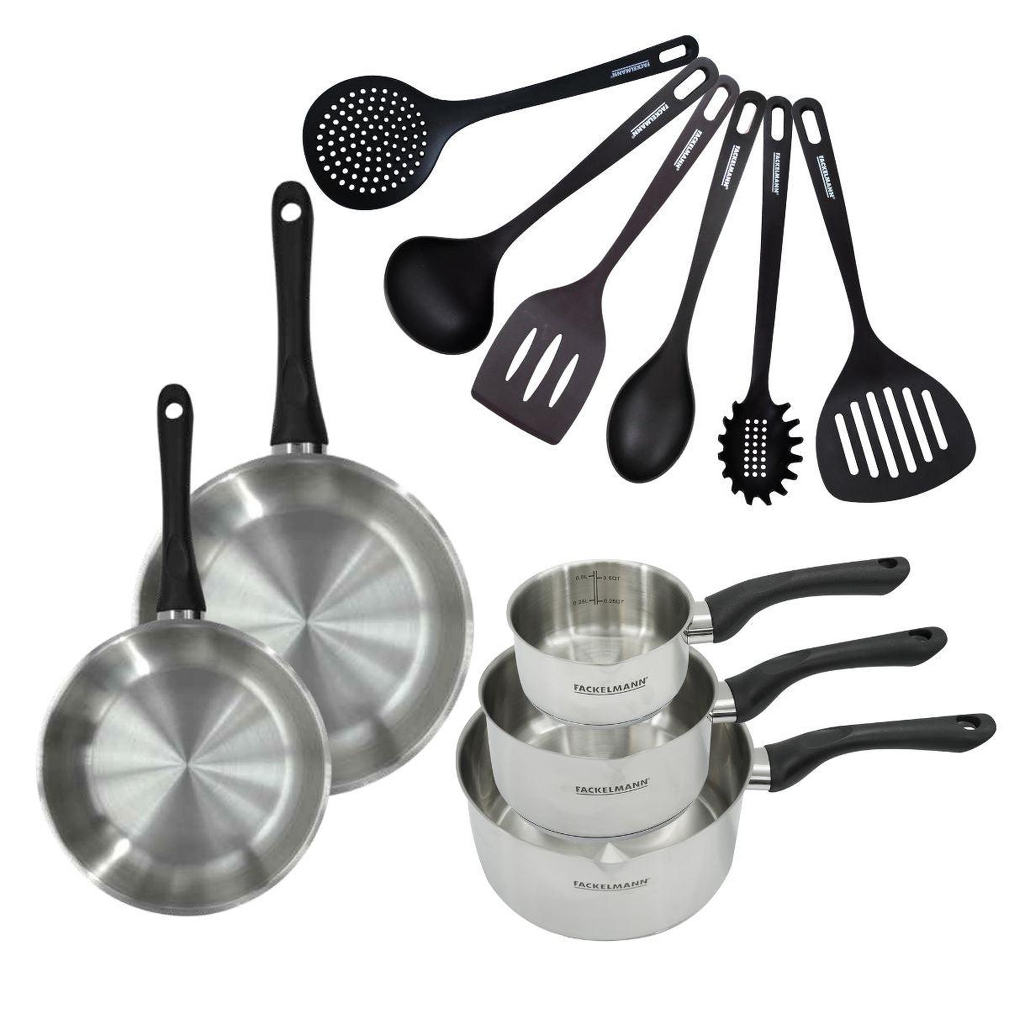 Fackelmann Set 2 poêles 20 et 24 cm 3 casseroles 12 16 et 20 cm en inox et 6 ustensiles fackelmann geneva
