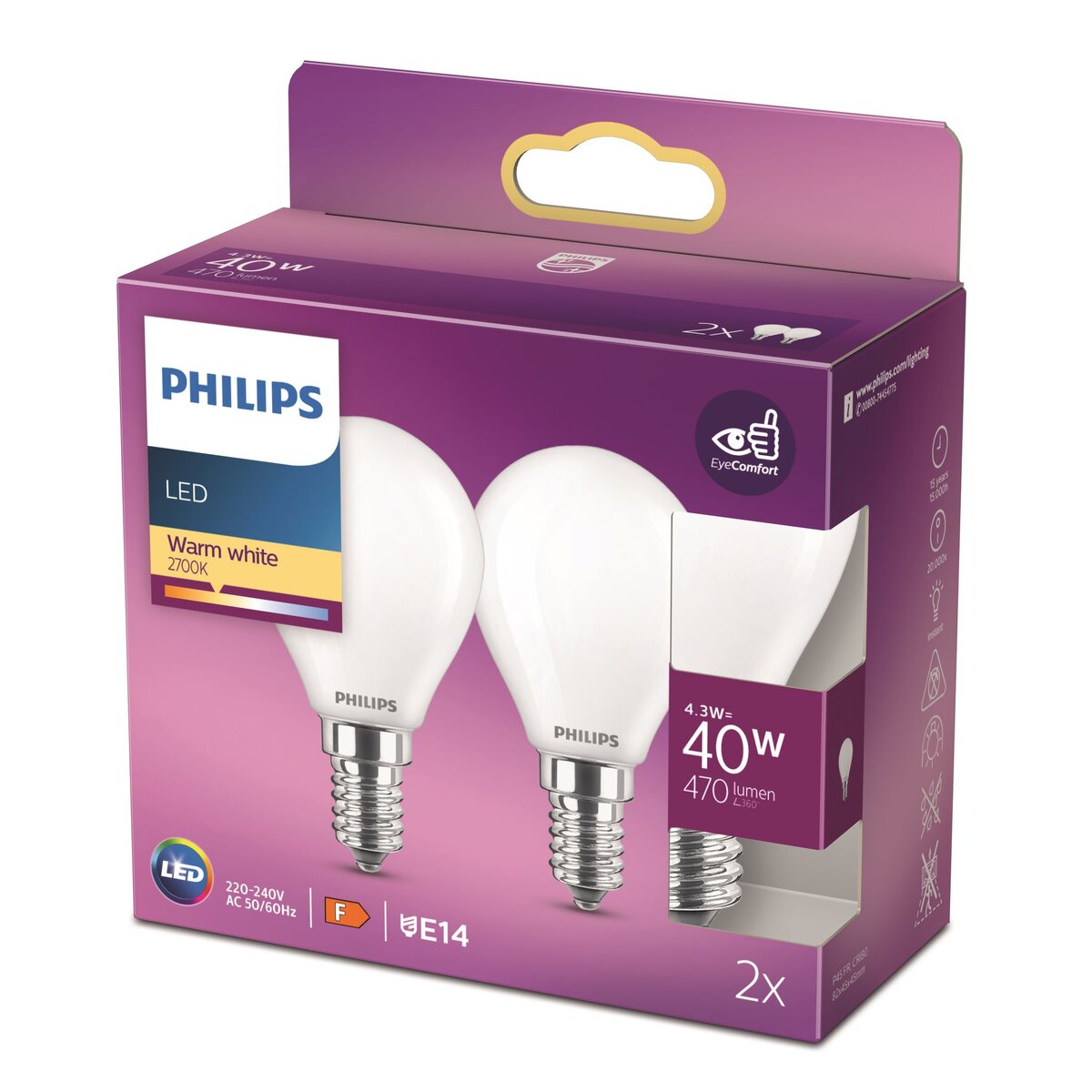 PHILIPS Ampoule LED E14 classique 40W - Blanc chaud dépolie