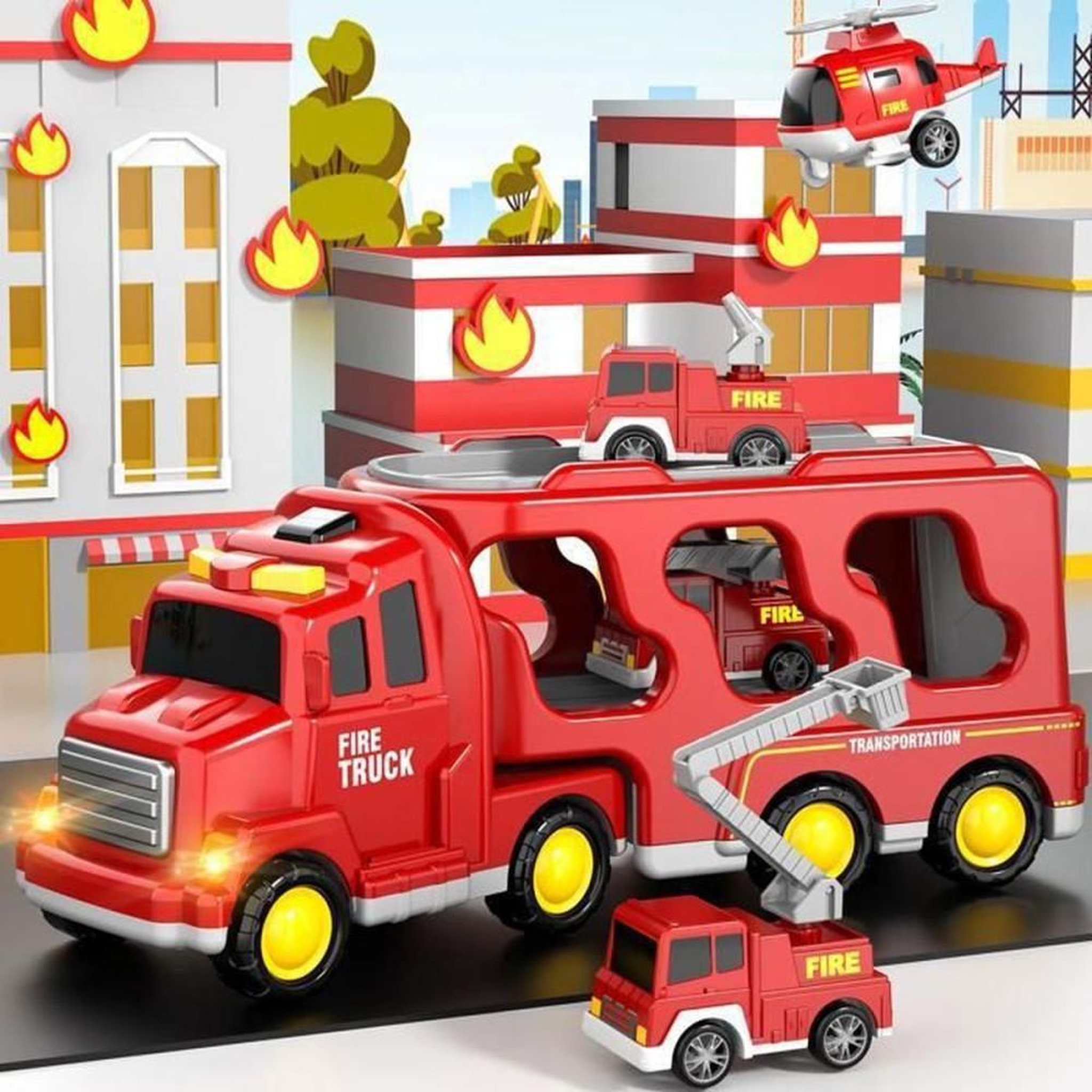 Voir la diapositive 6 : Camion de pompiers miniature 5 en 1, set avec 4 véhicules, sons et lumières, rouge, ABS sécurisé, pour jeu intérieur et extérieur