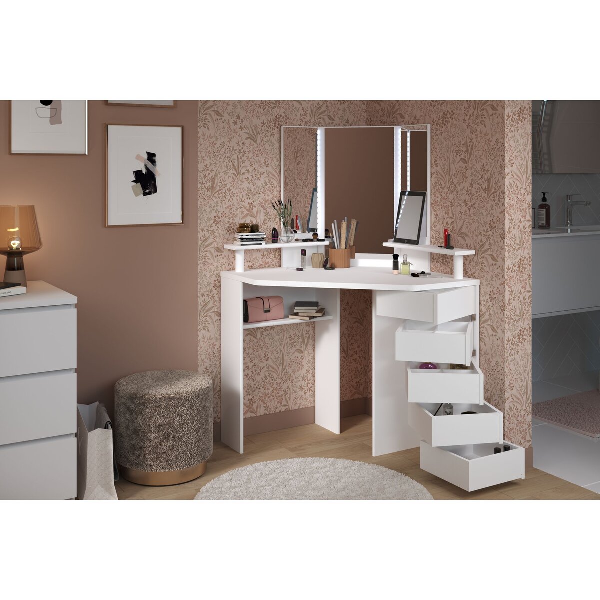 Coiffeuse d'angle avec LED 3 miroirs 5 tiroirs pivotants GIRLY