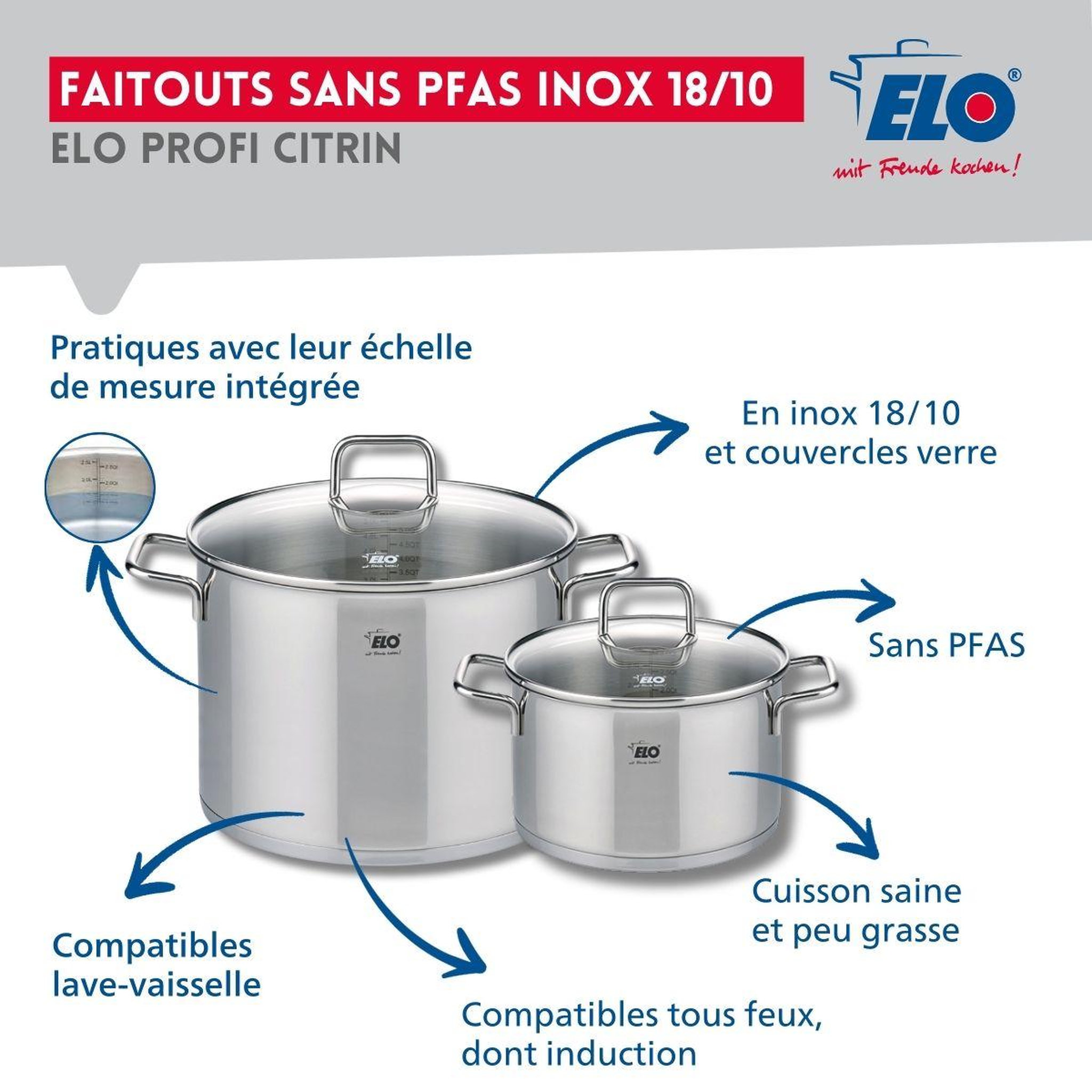 Voir la diapositive 3 : ELO Ensemble de 1 poêle de cuisson 28 cm et 2 faitouts 20 et 26 cm elo profi citrin