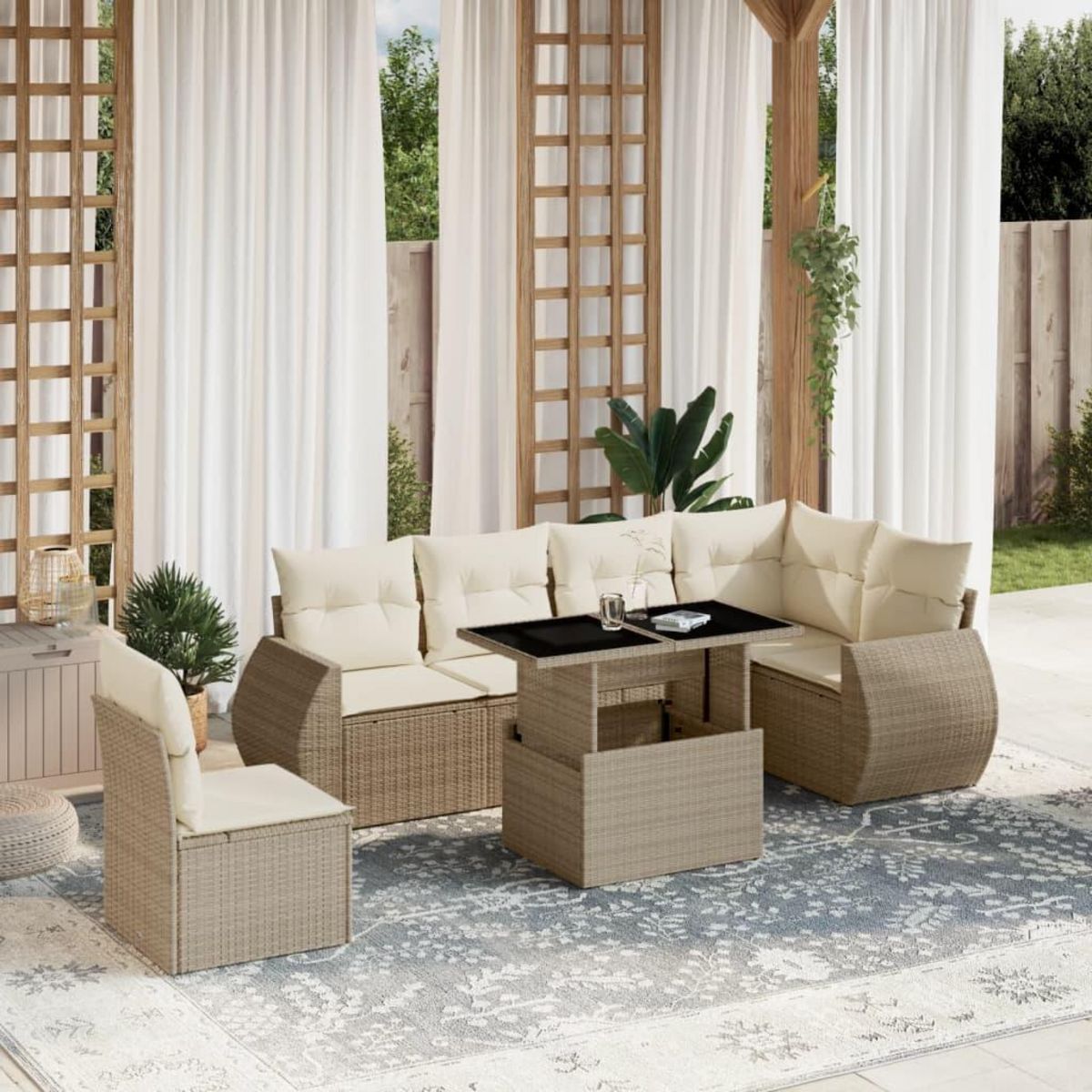 VIDAXL Salon de jardin avec coussins 7 pcs beige resine tressee