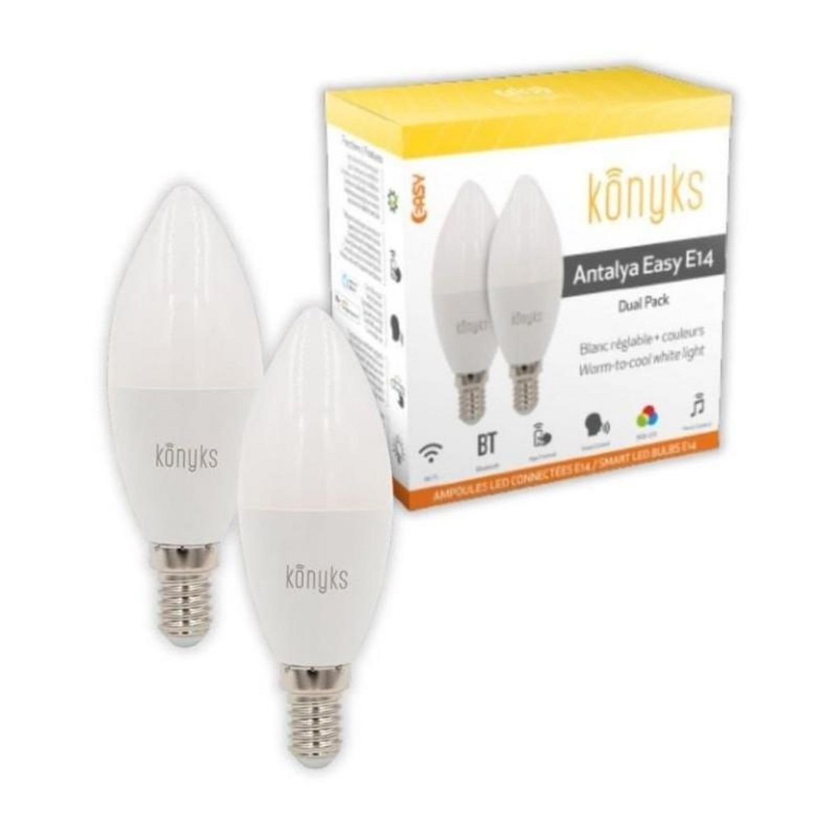 KONYKS 2 Ampoules LED - KONYKS - Antalya Easy E14 - Wifi + Bt - 5 W - 350 Lumens - Couleurs + Blanc - Compatible Alexa / Google Home
