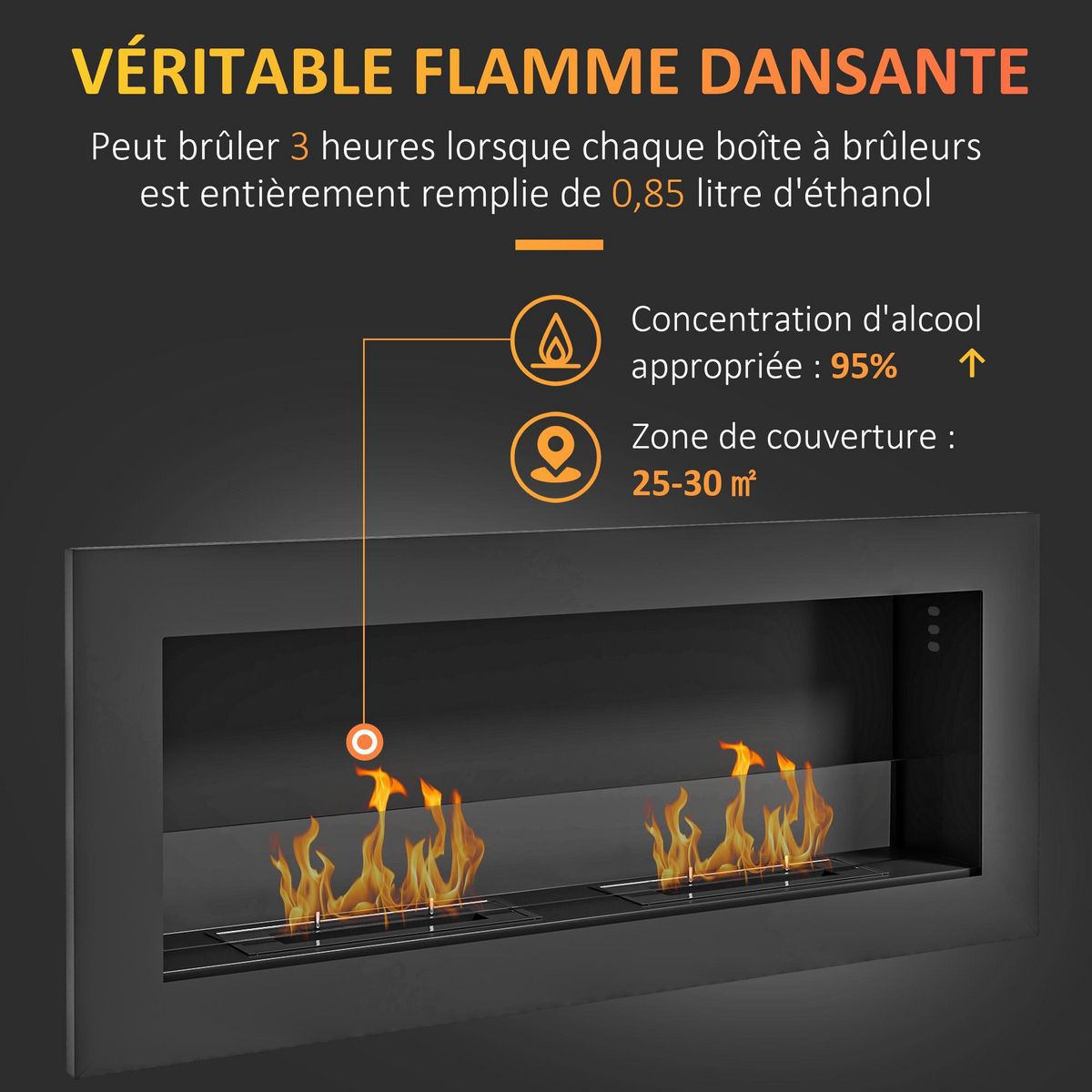 HOMCOM Cheminée bioéthanol murale design Bauhaus - double brûleur 0,85 L - pare-feu verre trempé - acier inox. acier noir